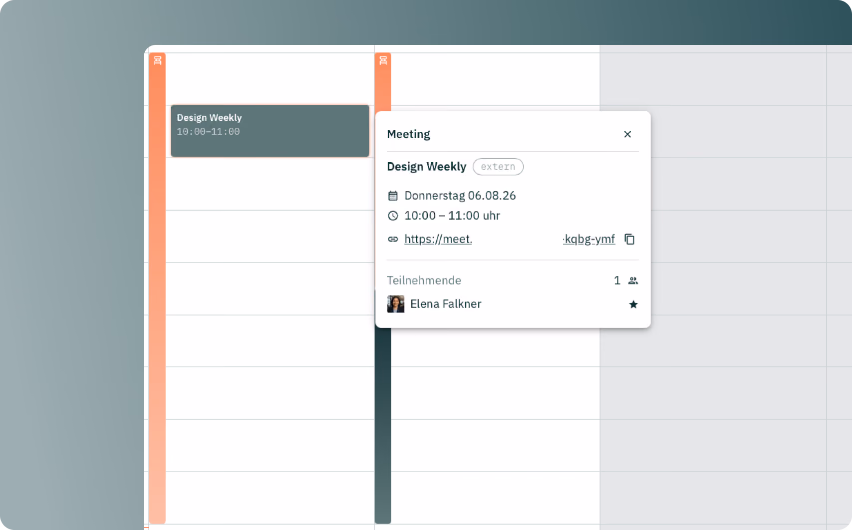 Detailansicht eines Termins im Kalender mit Besprechungslink.