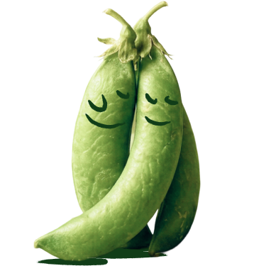 Twee groene erwten peulen met getekende gezichten die elkaar omhelzen.