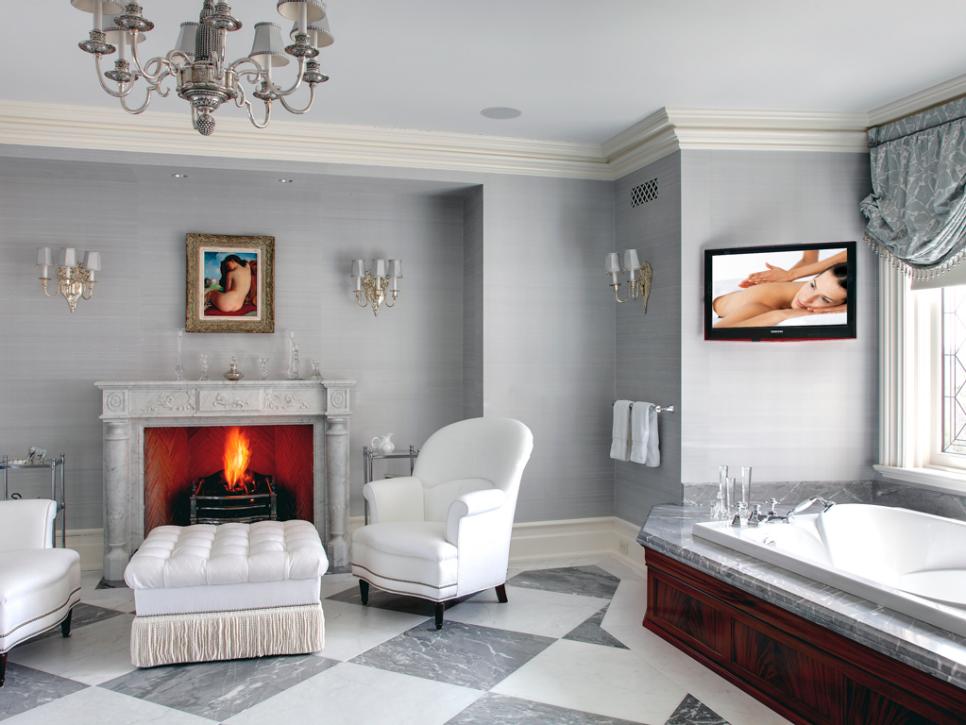 Luxury bathroom with gas fireplace