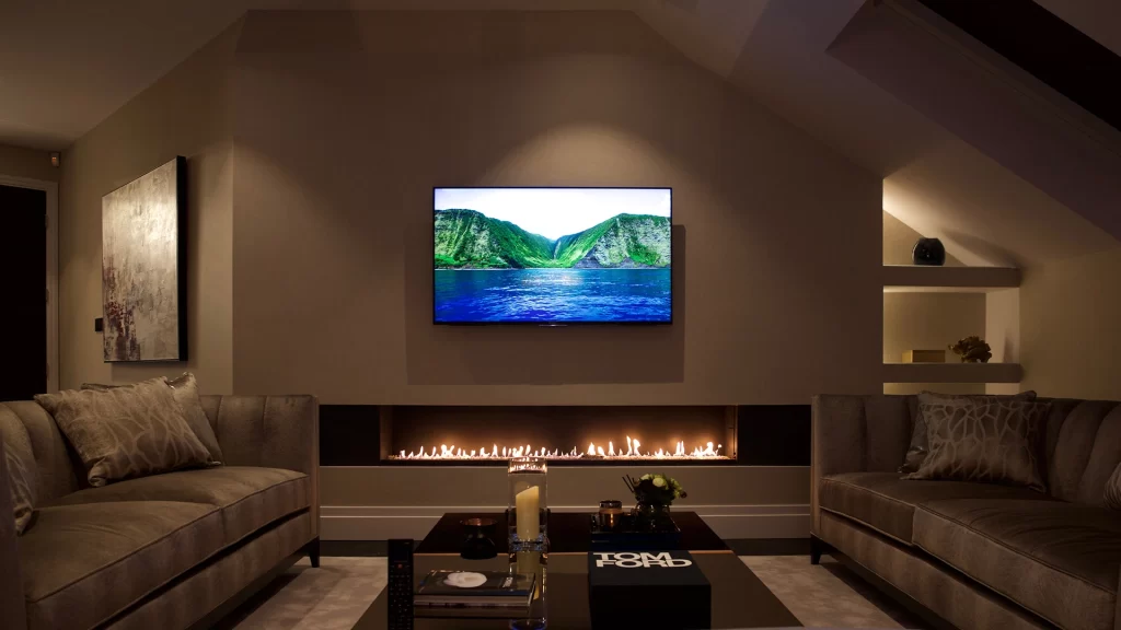long shot of the 2000 black steel gas fireplace