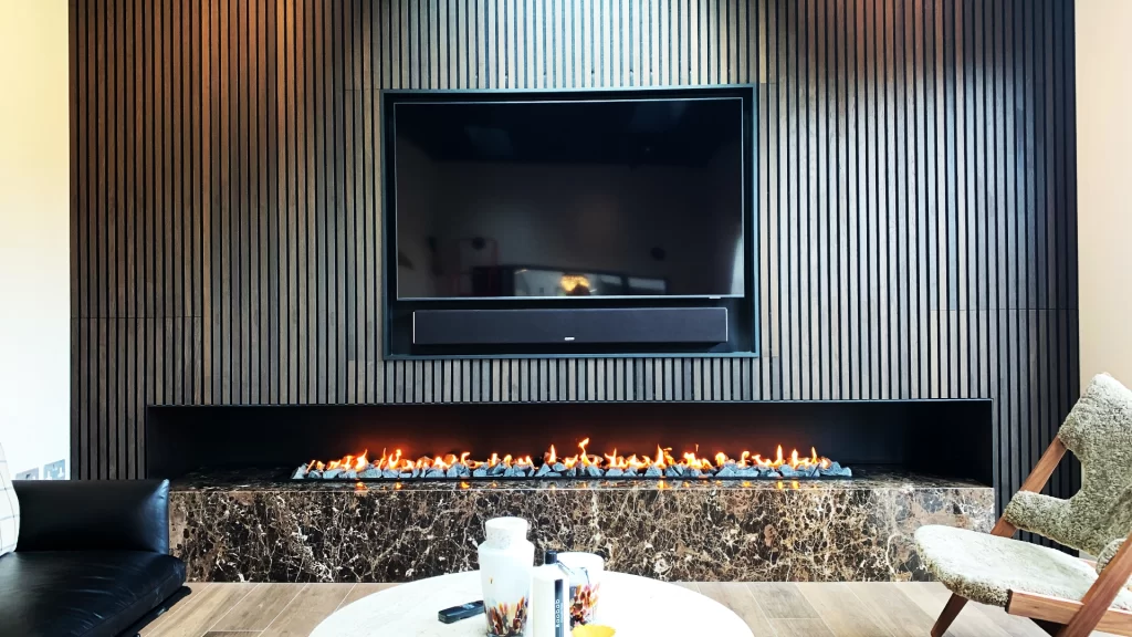 wide shot of brightwell bespoke gas wall fireplace