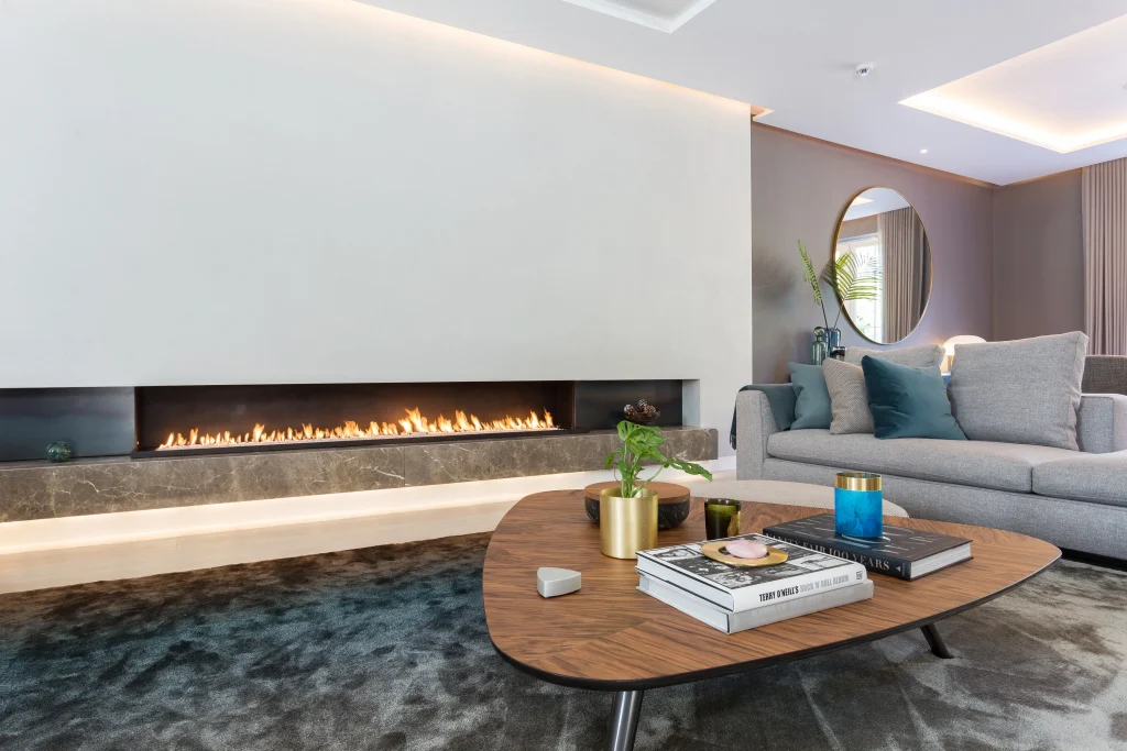 side angle shot of 2.5 flame bespoke fireplace