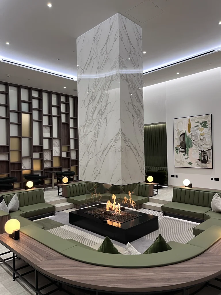 wide shot of 360 gala island bespoke fireplace