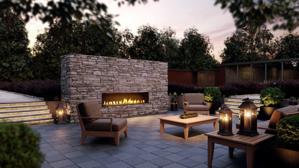 outdoor hole in the wall linear gas fire built into a brick wall modern style