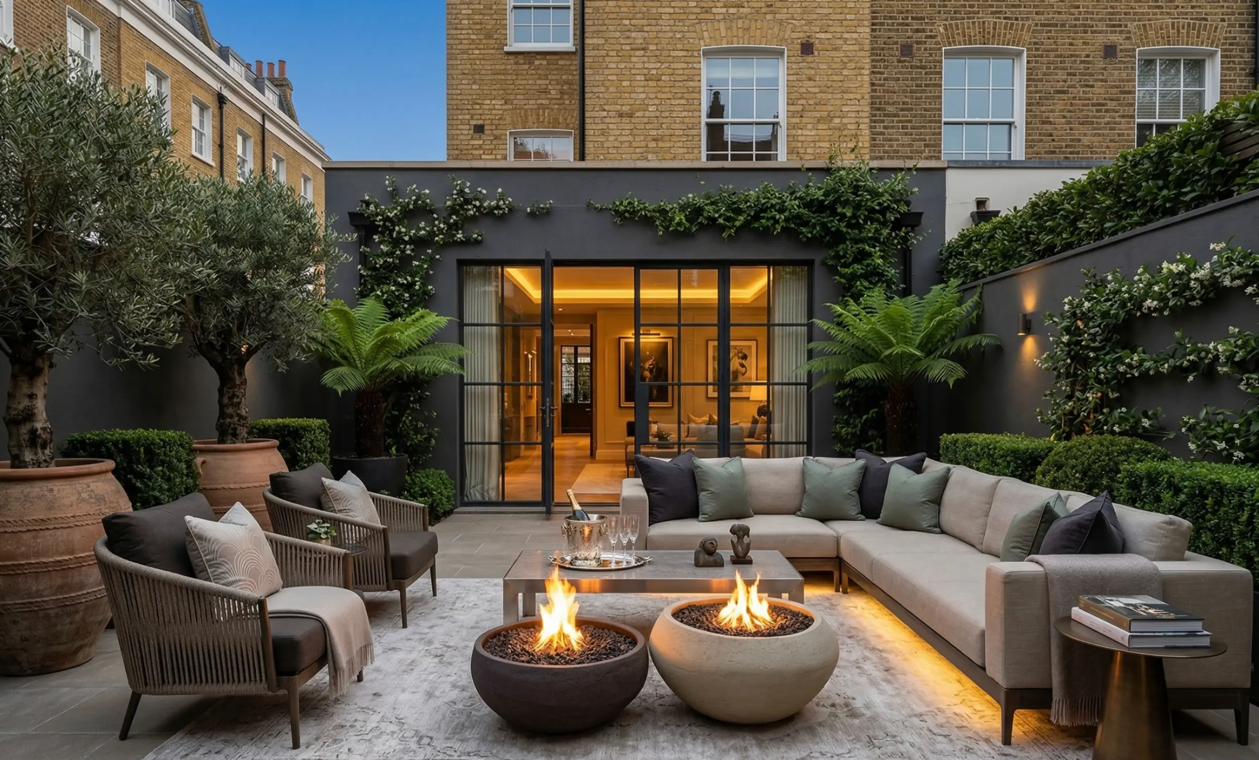 European bioethanol outdoor fire pit with customisable stone fill and lid, available in Grande and Piccolo sizes
