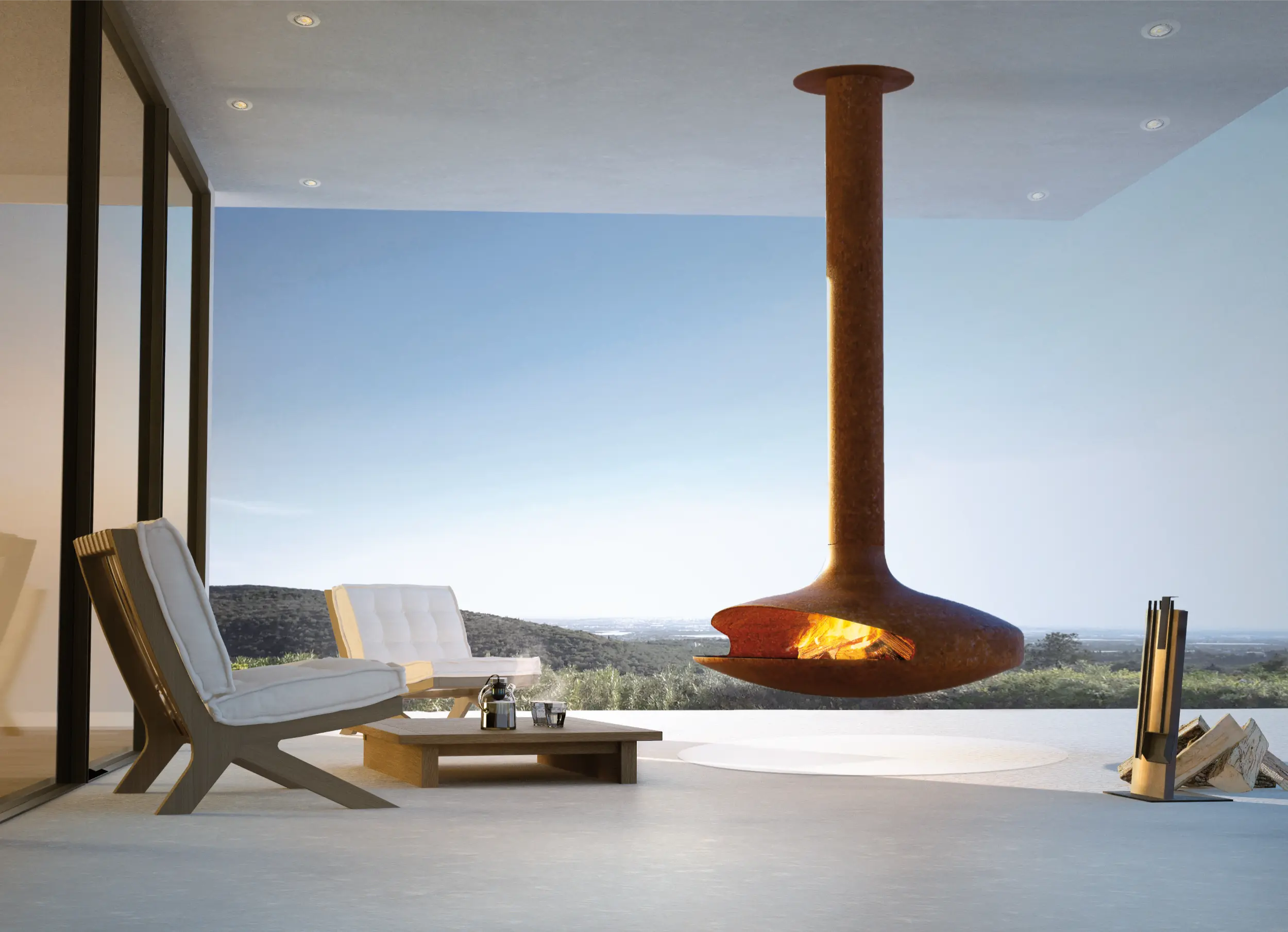 Gyrofocus rotating suspended outdoor wood-burning fireplace in rust or black painted finish