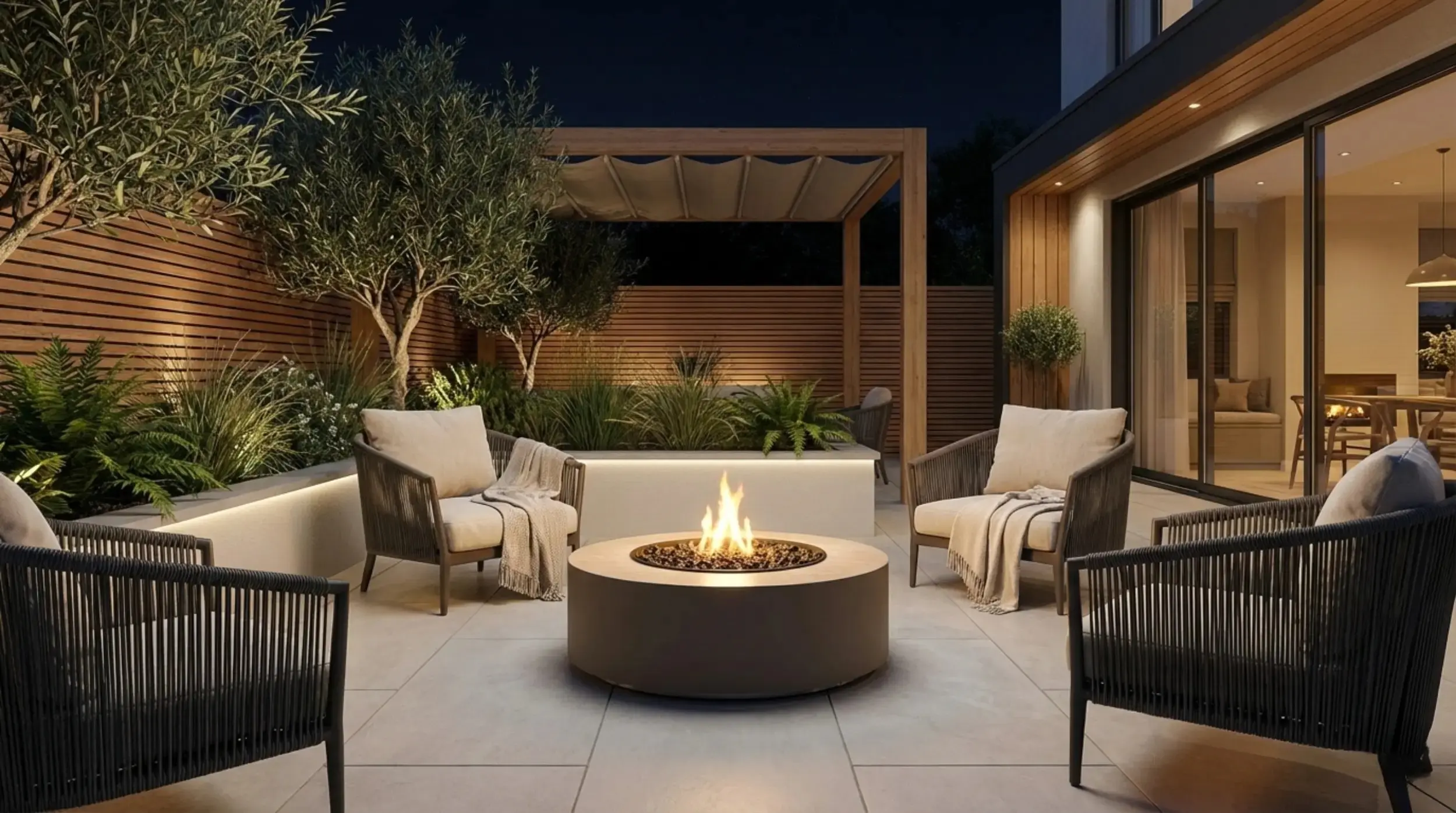 Outdoor gas fire coffee table for evening drinks, with stone top and engineered gas burner for luxury terraces and gardens