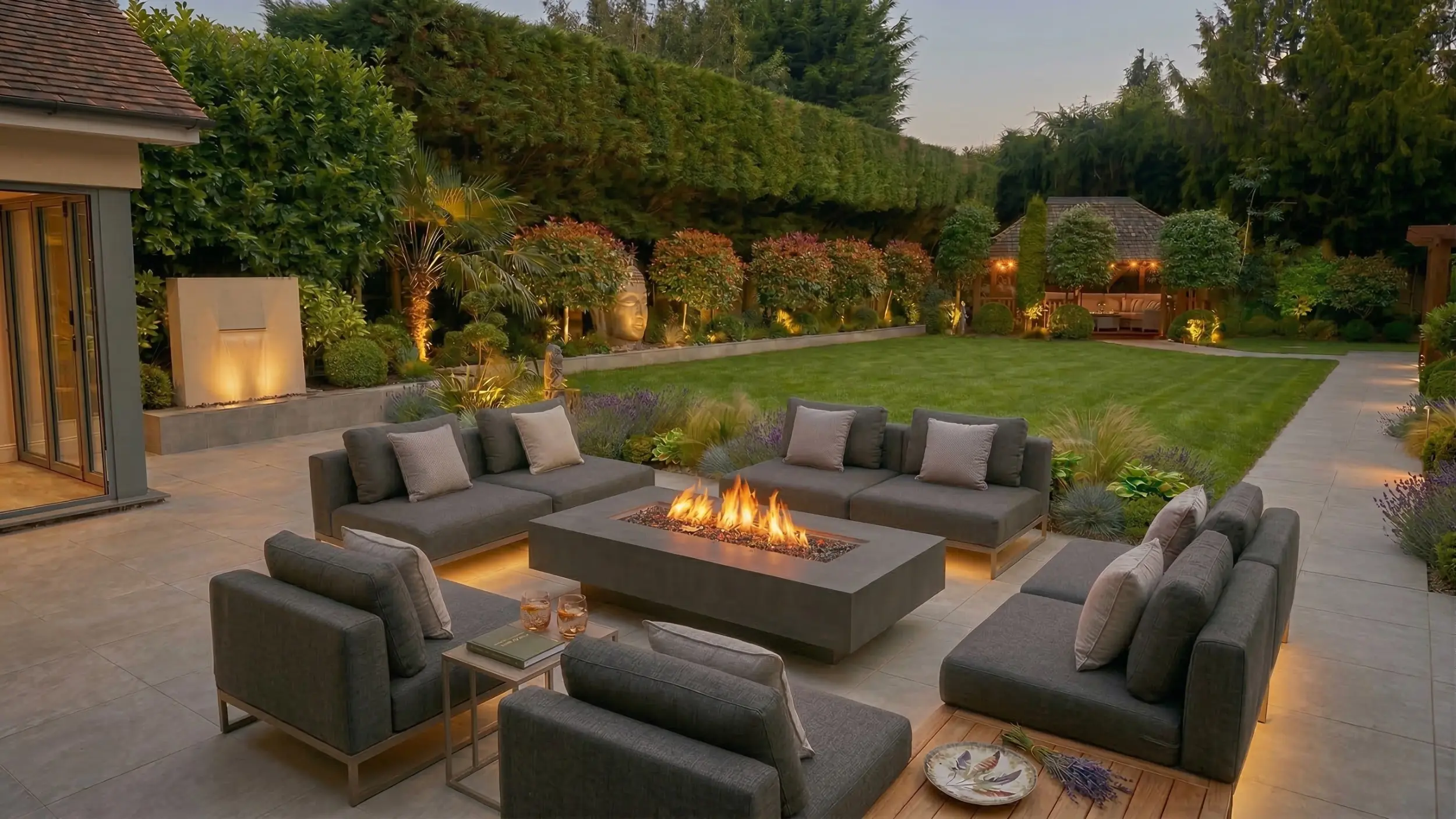 Alternative view of the ceramic-clad rectangular outdoor fire table