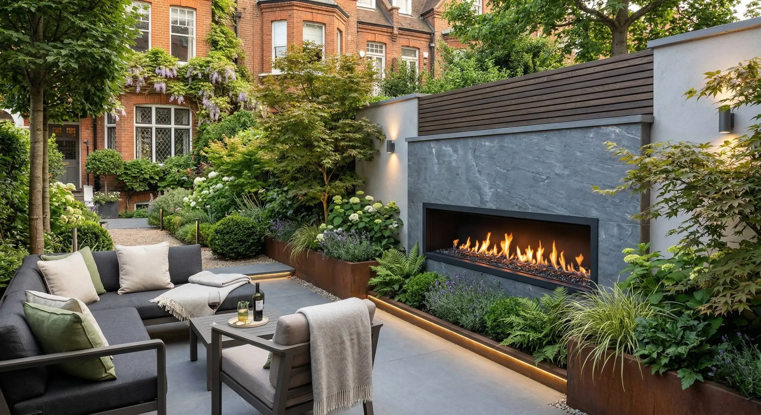 2-metre linear outdoor hole-in-the-wall gas fireplace, with slate wall, in black steel