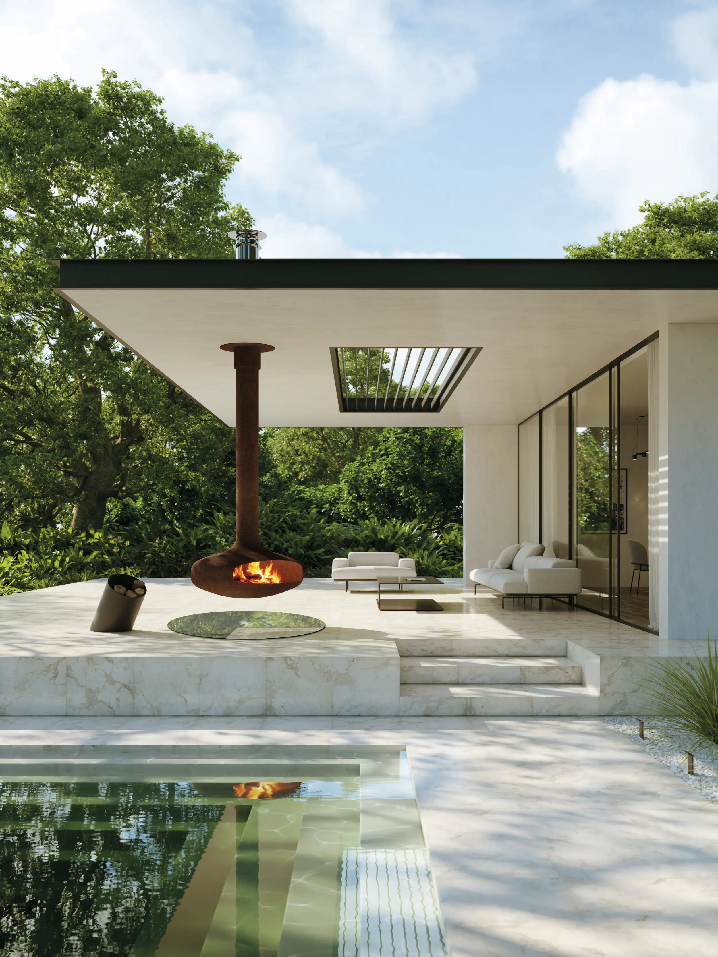 Domofocus suspended designer outdoor wood-burning fireplace by Focus Creation with iconic hood