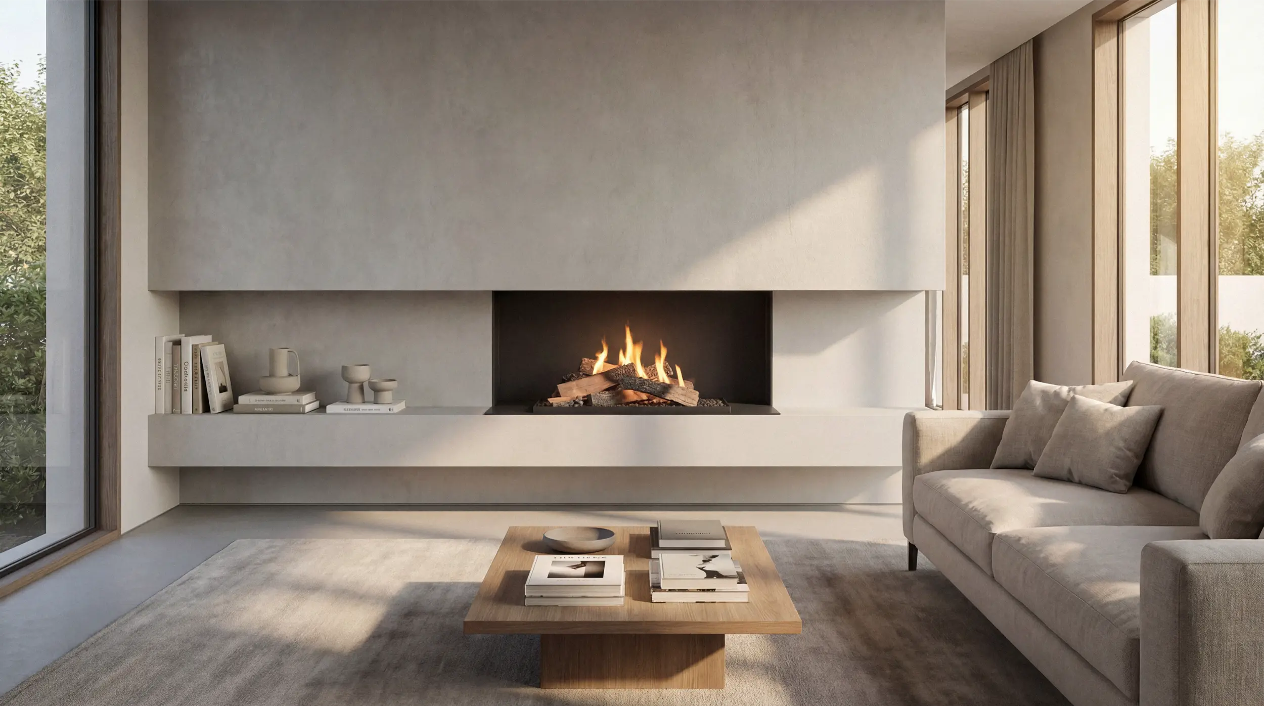 Three-sided open bioethanol fireplace with realistic log and coal decoration