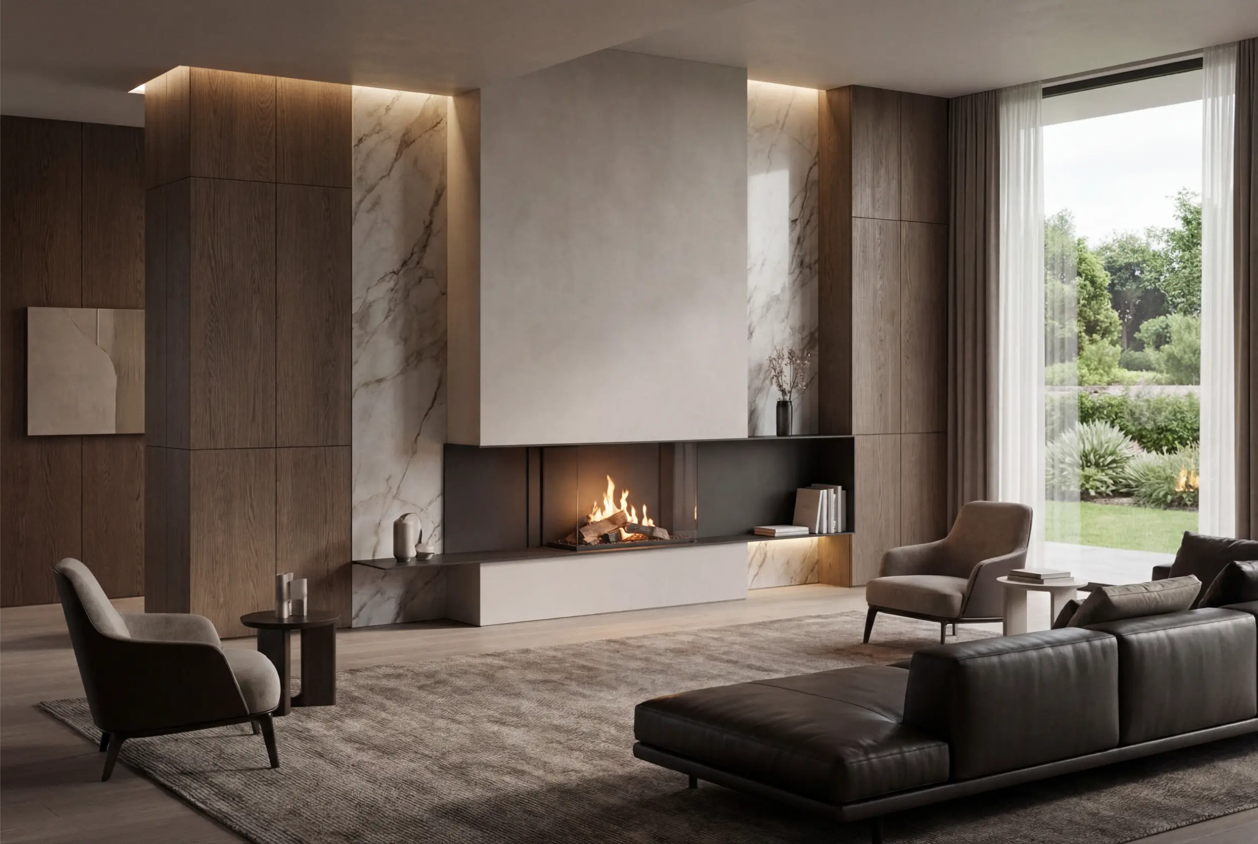 Three-sided glass-enclosed bioethanol fireplace with realistic log decoration