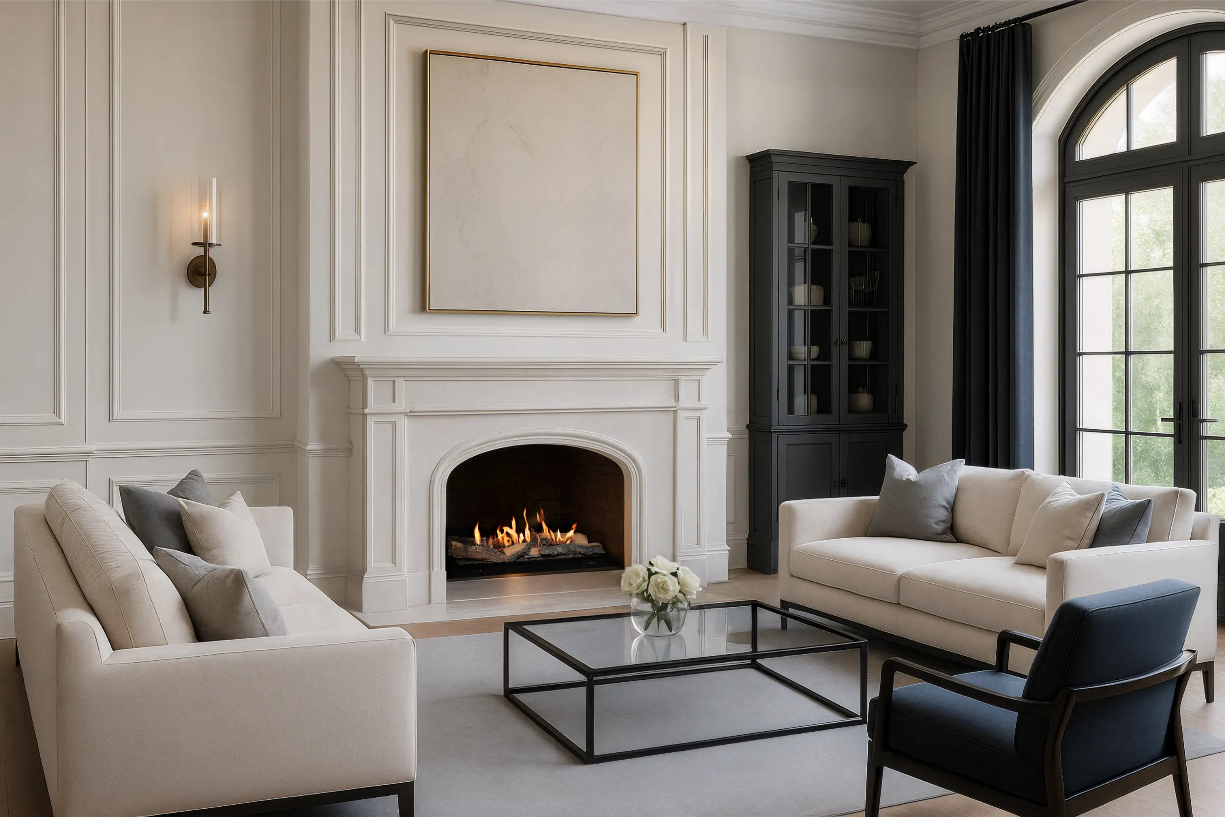 Bioethanol fireplace insert with realistic logs in a traditional fire opening