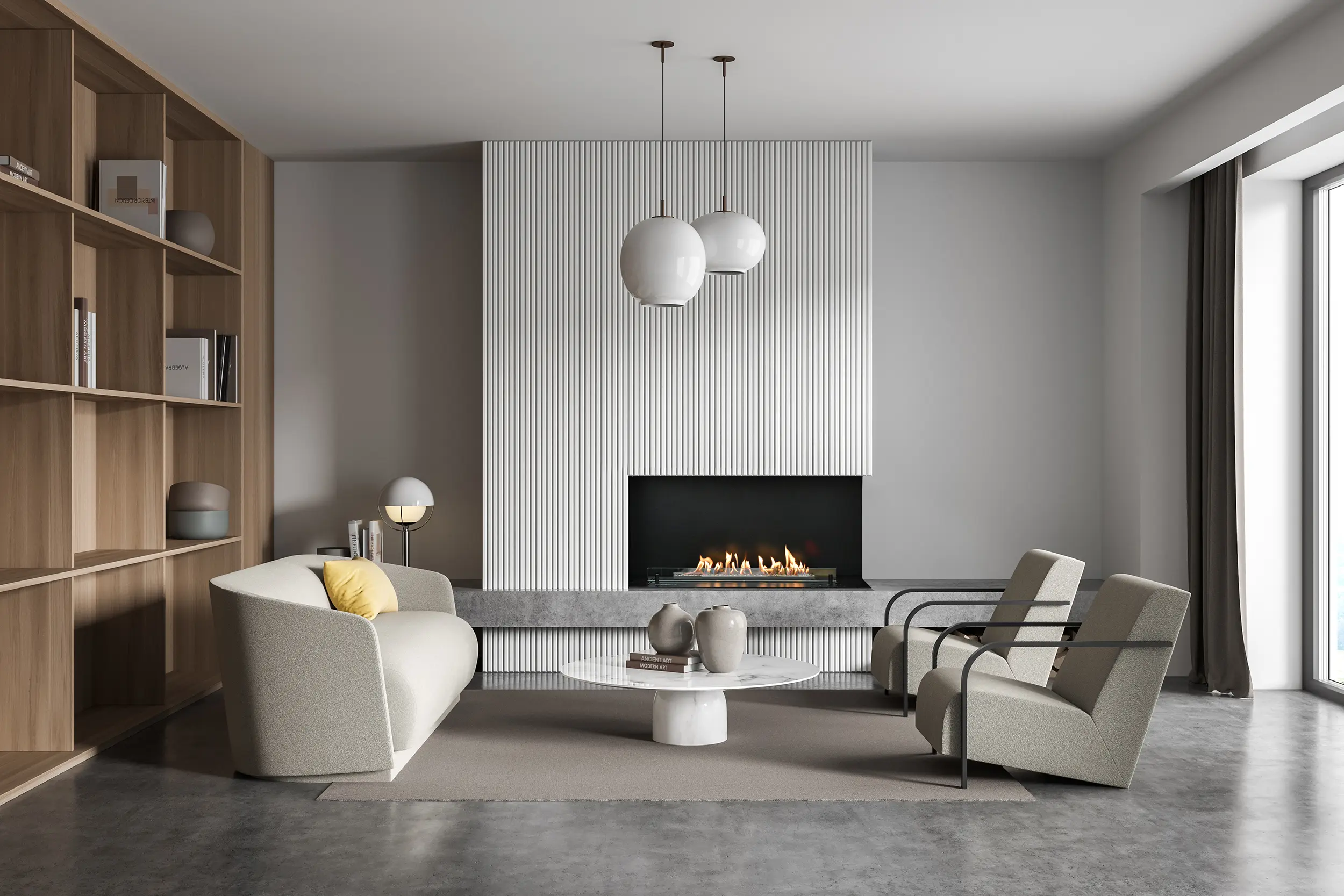 Corner open bioethanol fireplace with front and side views of the linear flame