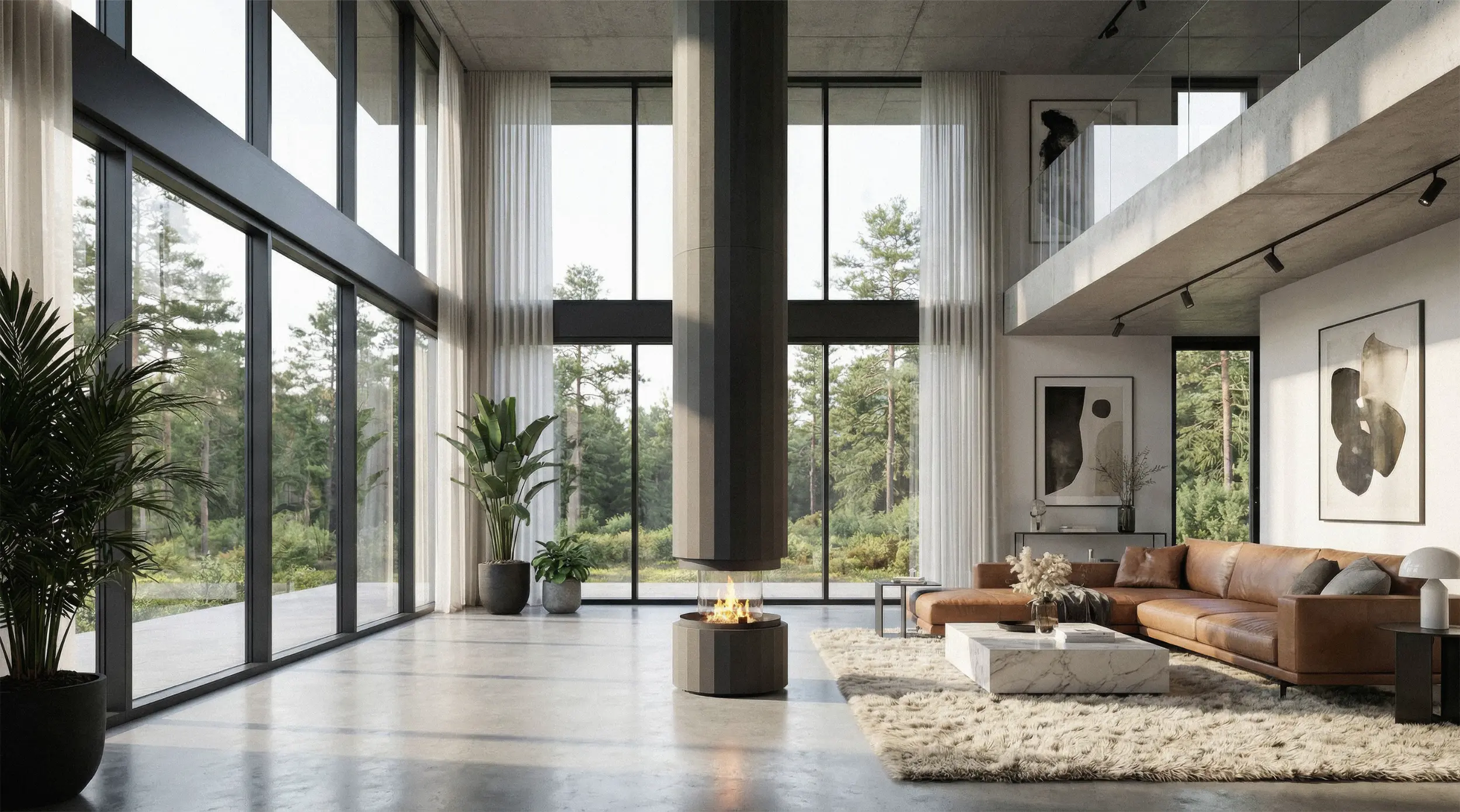 Suspended automatic bioethanol fireplace with a round burner and ceiling canopy