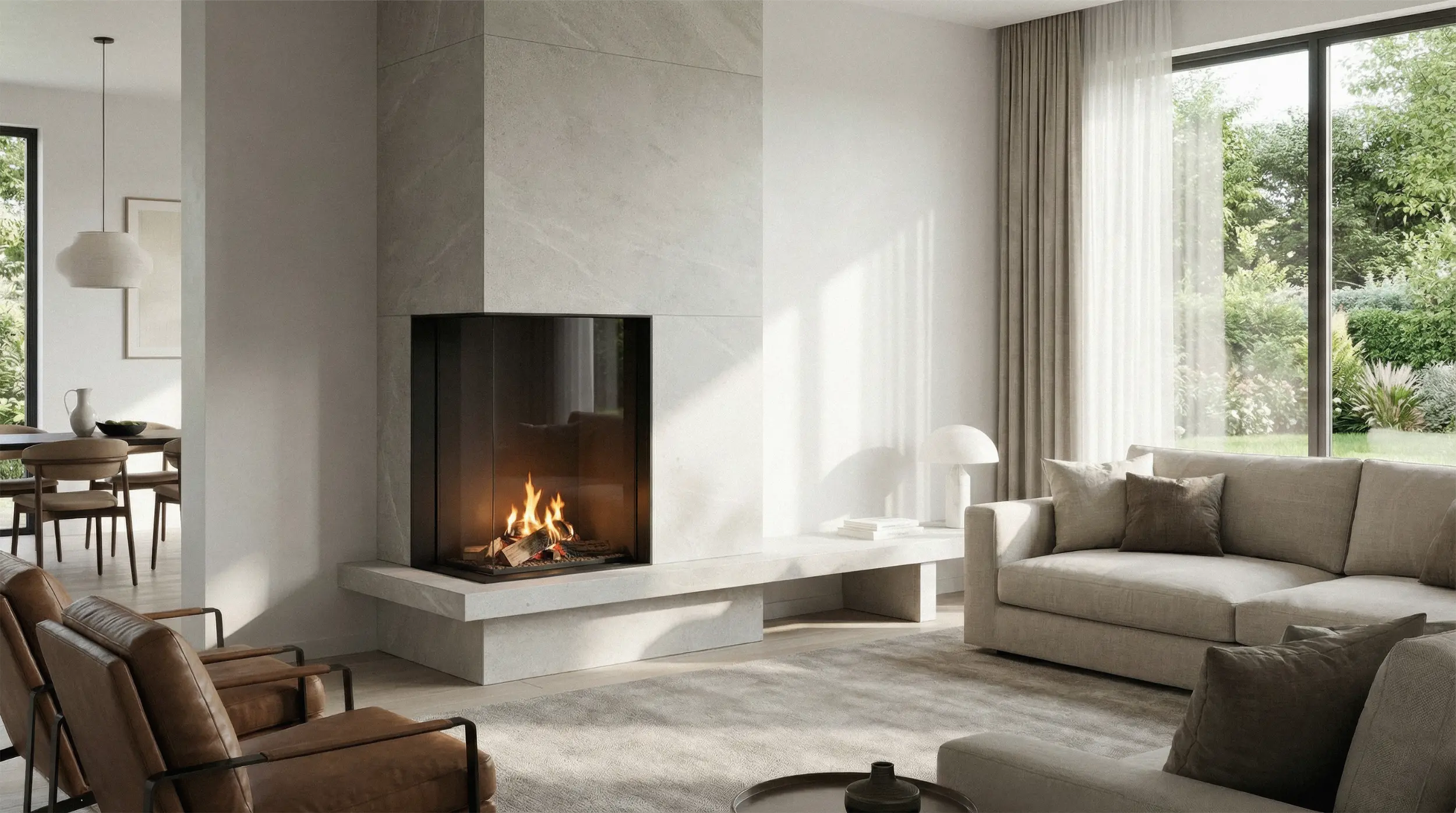 Corner glass-enclosed bioethanol fireplace with realistic log and coal decoration