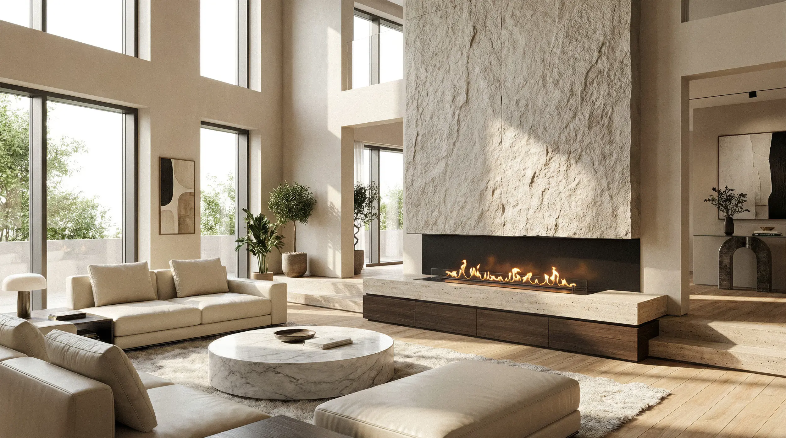 Modern three-sided bioethanol wall fireplace with an open flame integrated into bespoke joinery and a contemporary media wall