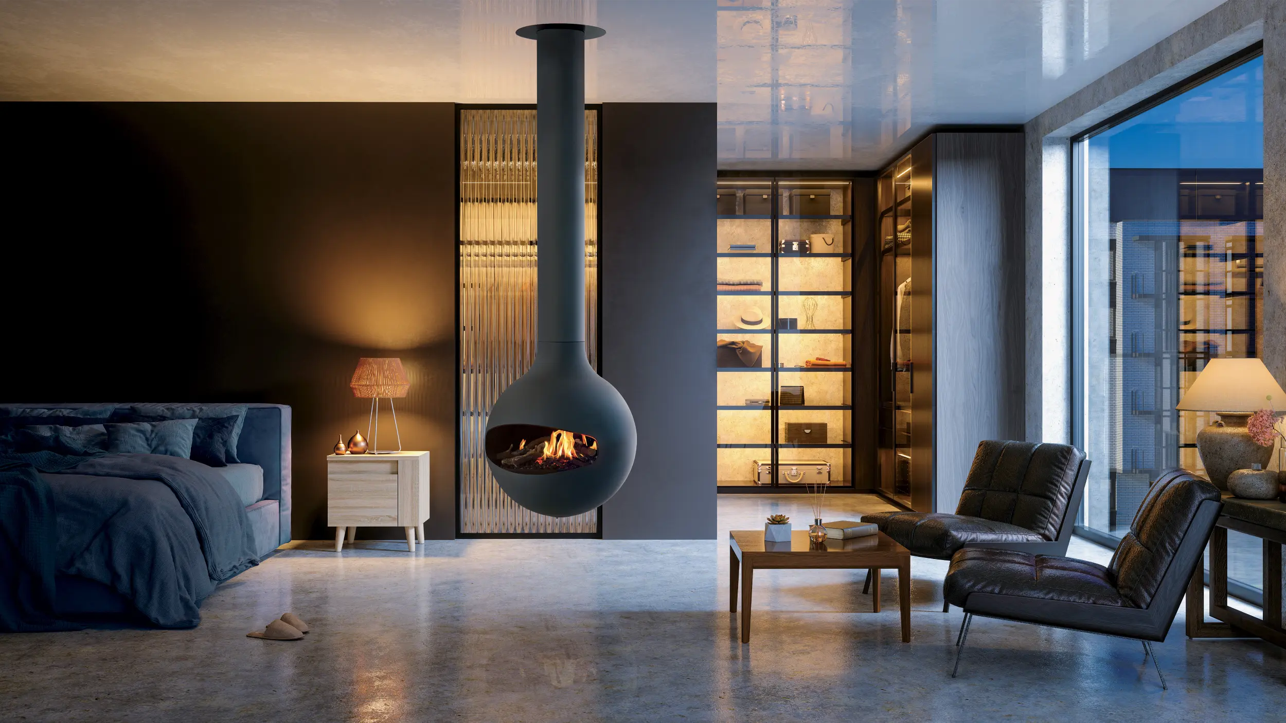 Bathyscafocus Holographik central suspended pivoting fireplace by Focus Creation