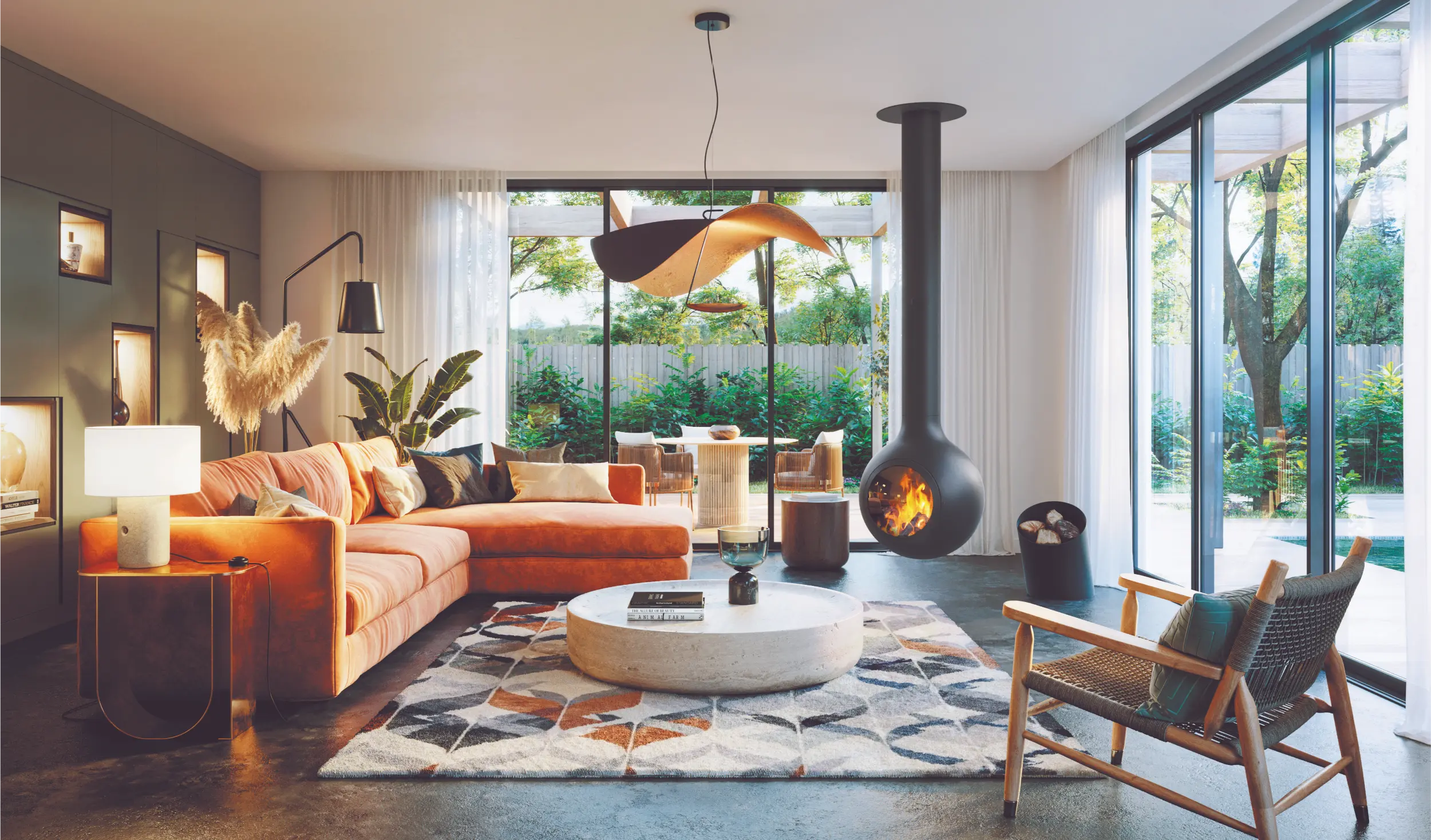 Bathyscafocus Porthole central suspended pivoting fireplace by Focus Creation