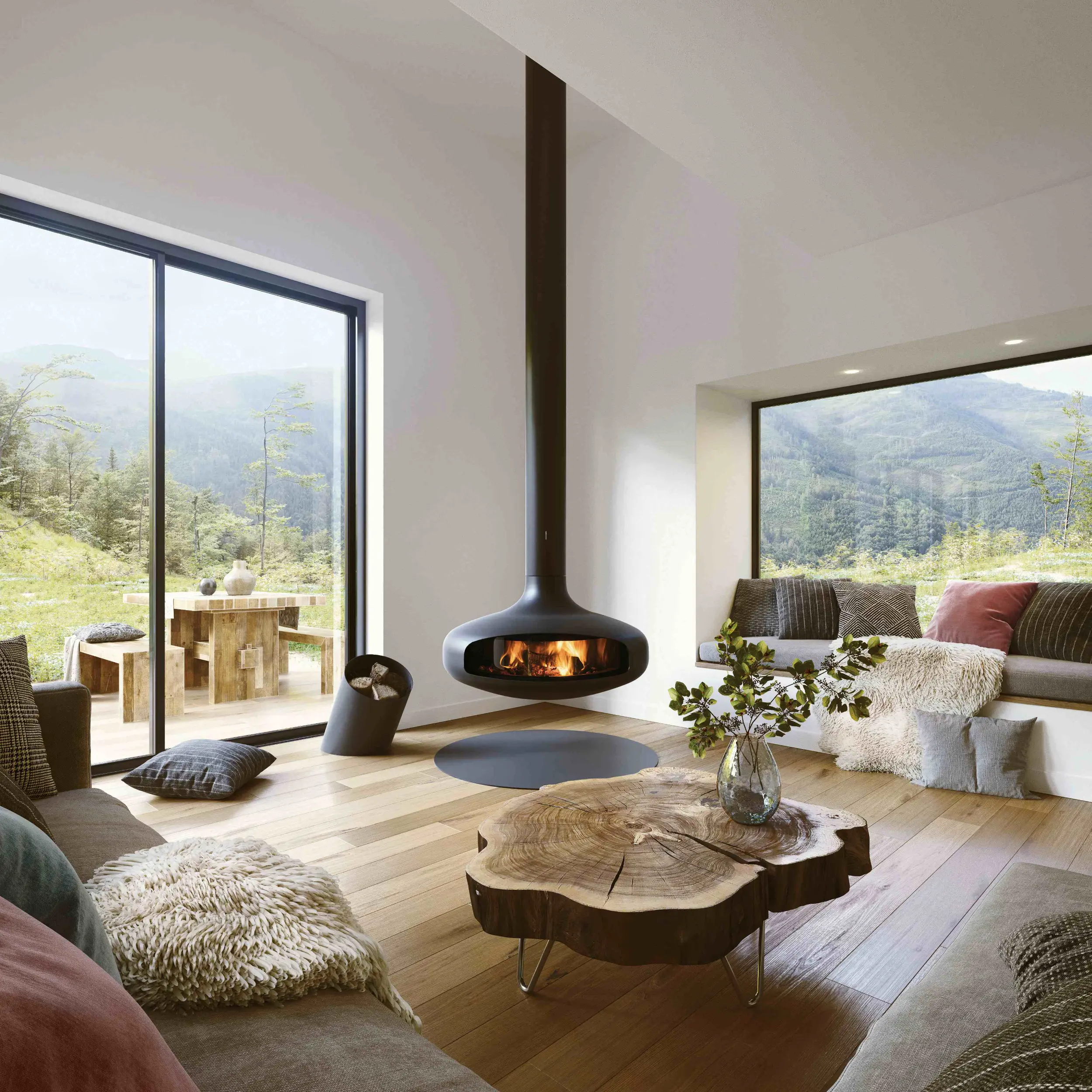 Domofocus suspended pivoting indoor wood fireplace by Focus Creation with circular hearth and iconic floating form