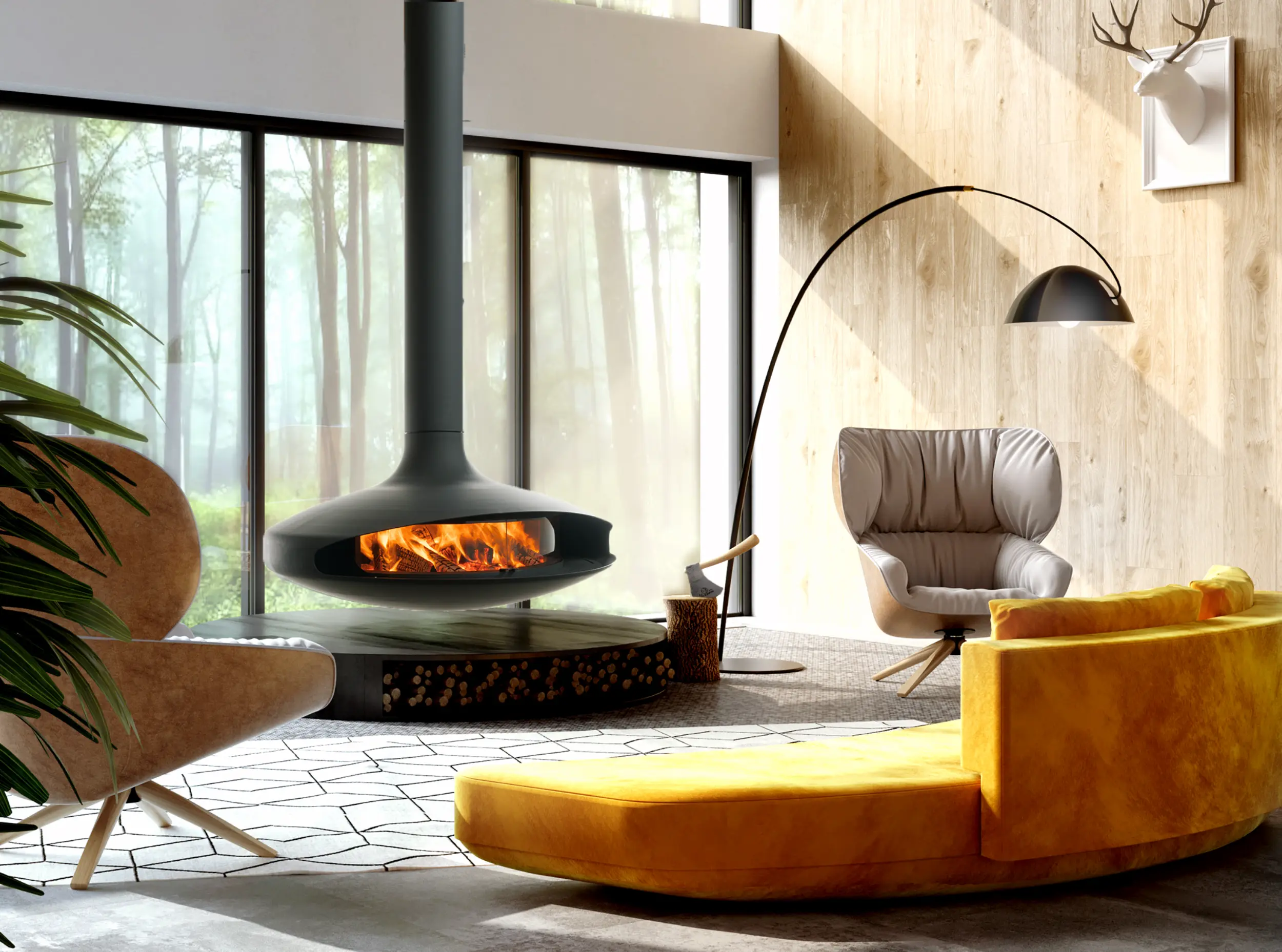 Gyrofocus Wood suspended pivoting wood-burning fireplace by Focus Creation, with spherical canopy and rotating body