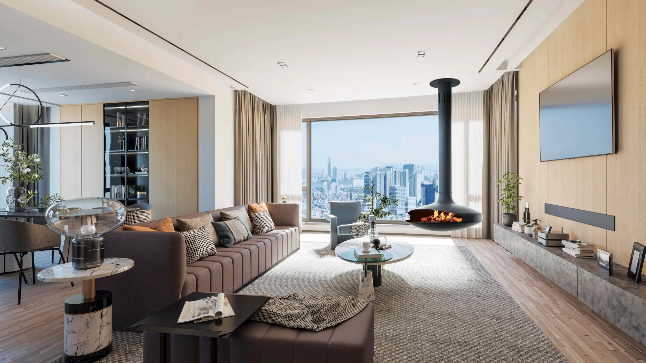 Gyrofocus Bioethanol suspended pivoting fireplace by Focus Creation, with spherical canopy and rotating body