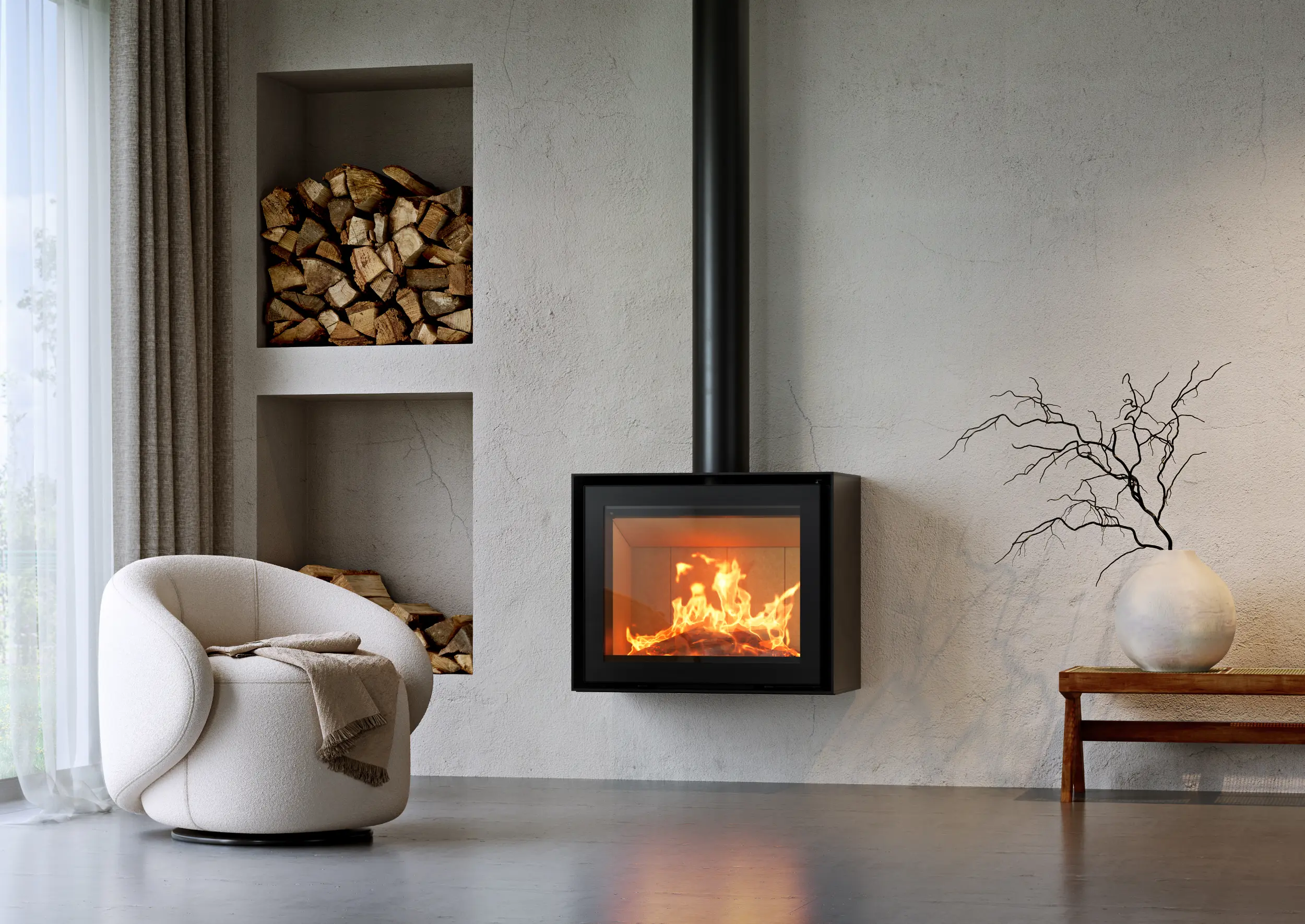 Wall-mounted square wood-burning fireplace with black metal body and exposed vertical flue pipe