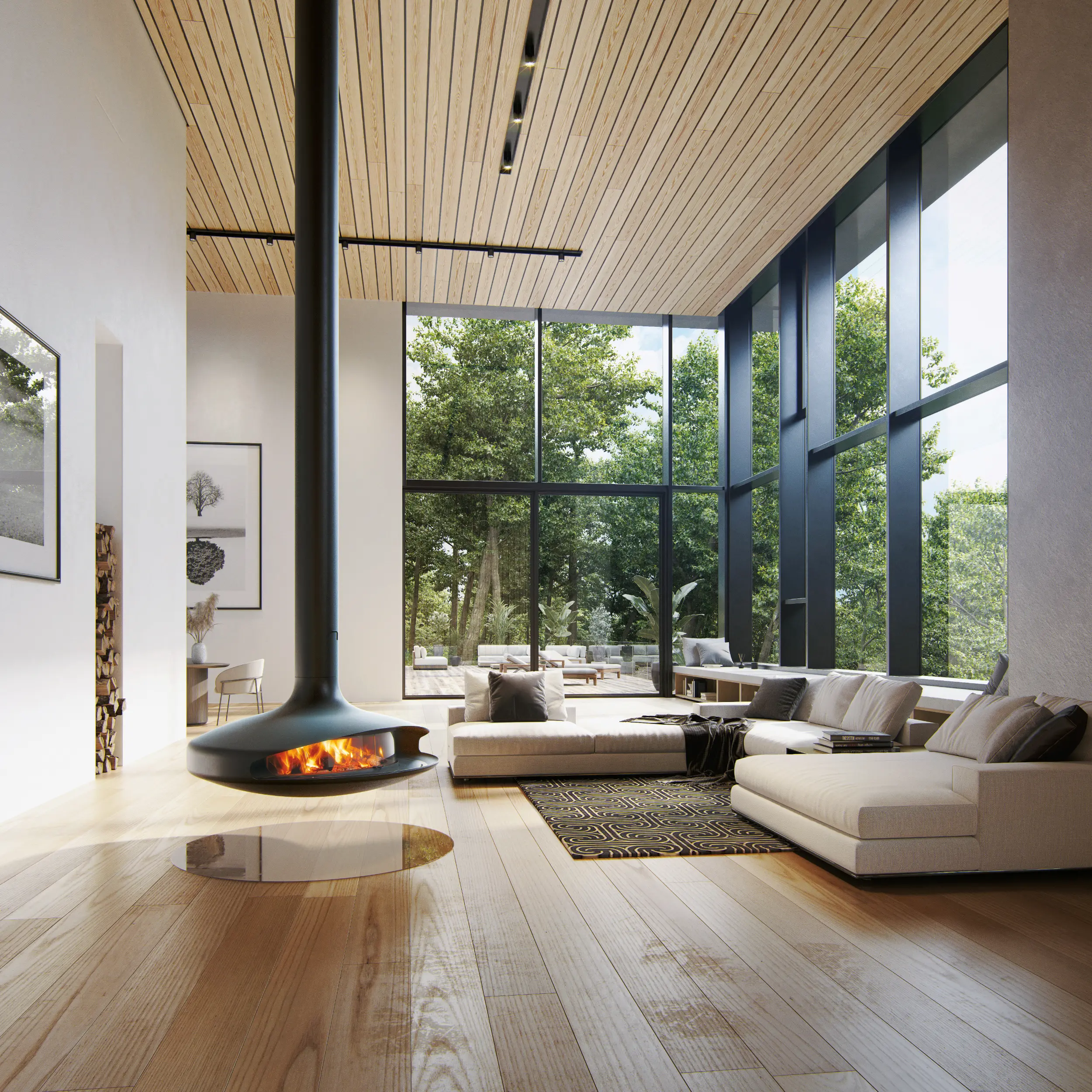 Gyrofocus Wood suspended pivoting wood-burning fireplace by Focus Creation, with spherical canopy and rotating body