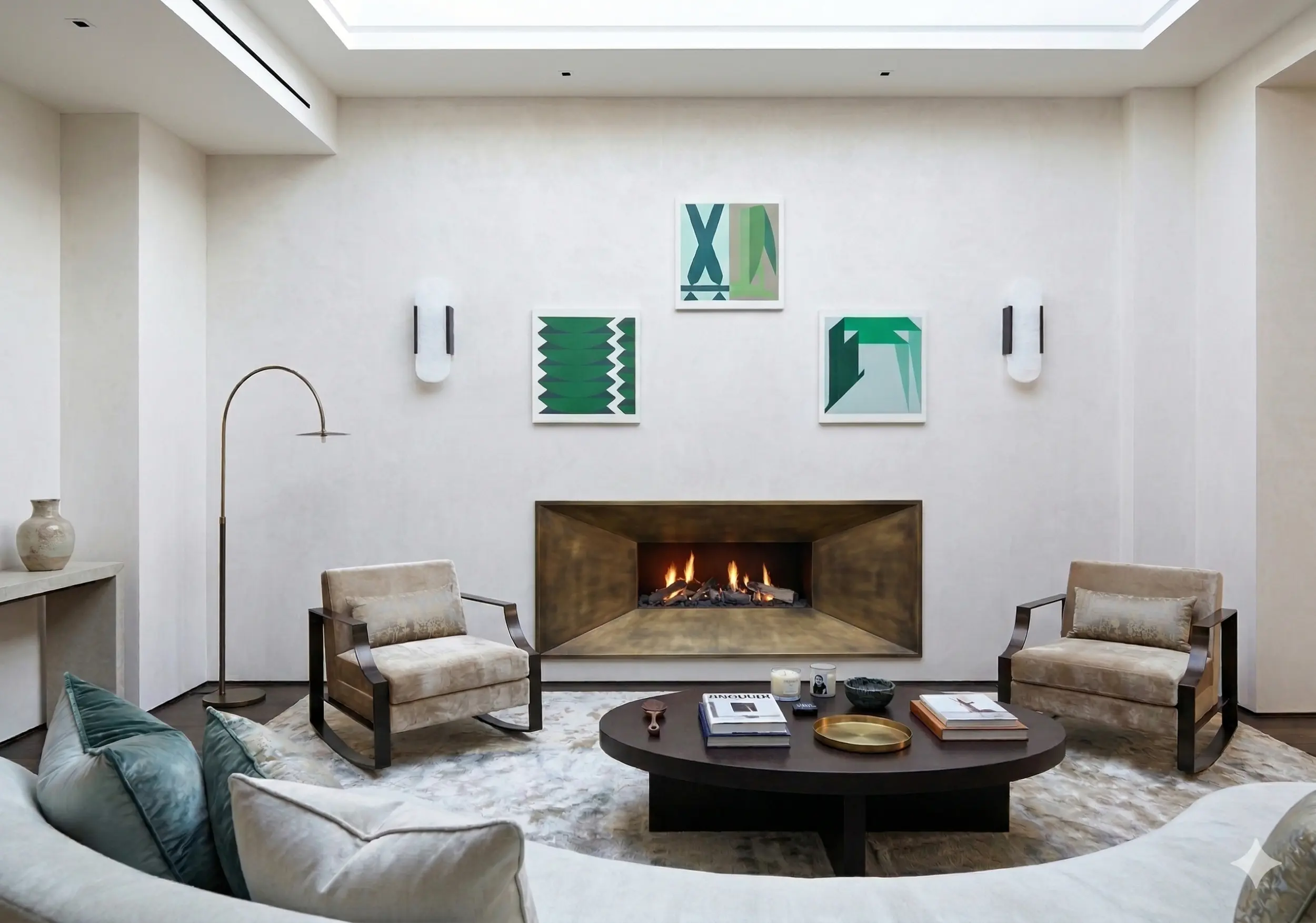 Living room with Bespoke gas fireplace with chamfered brushed bronze steel surround and log fuel bed