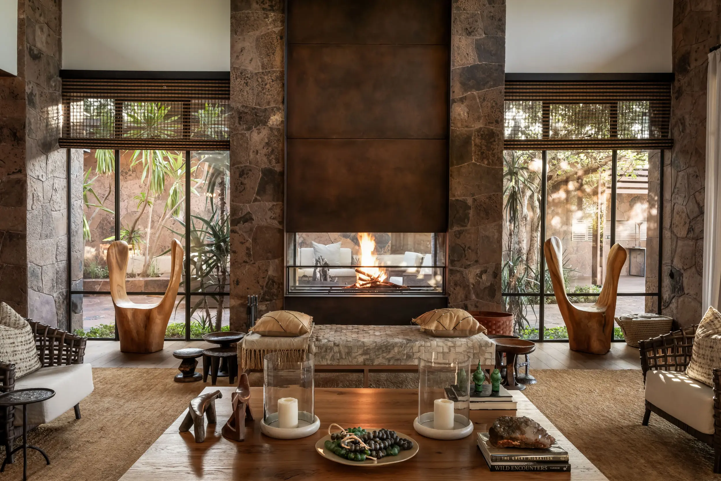 bespoke fireplace designed for a Singita lodge in the Serengeti, integrating with the lodge's African design language