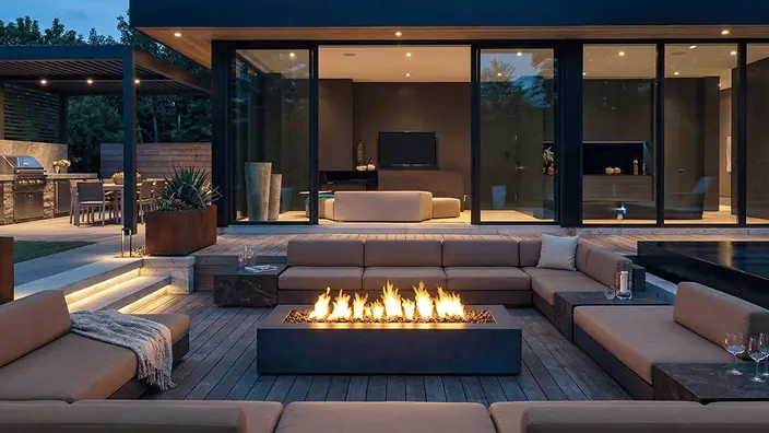 Bespoke outdoor fire pit with custom stone base 
