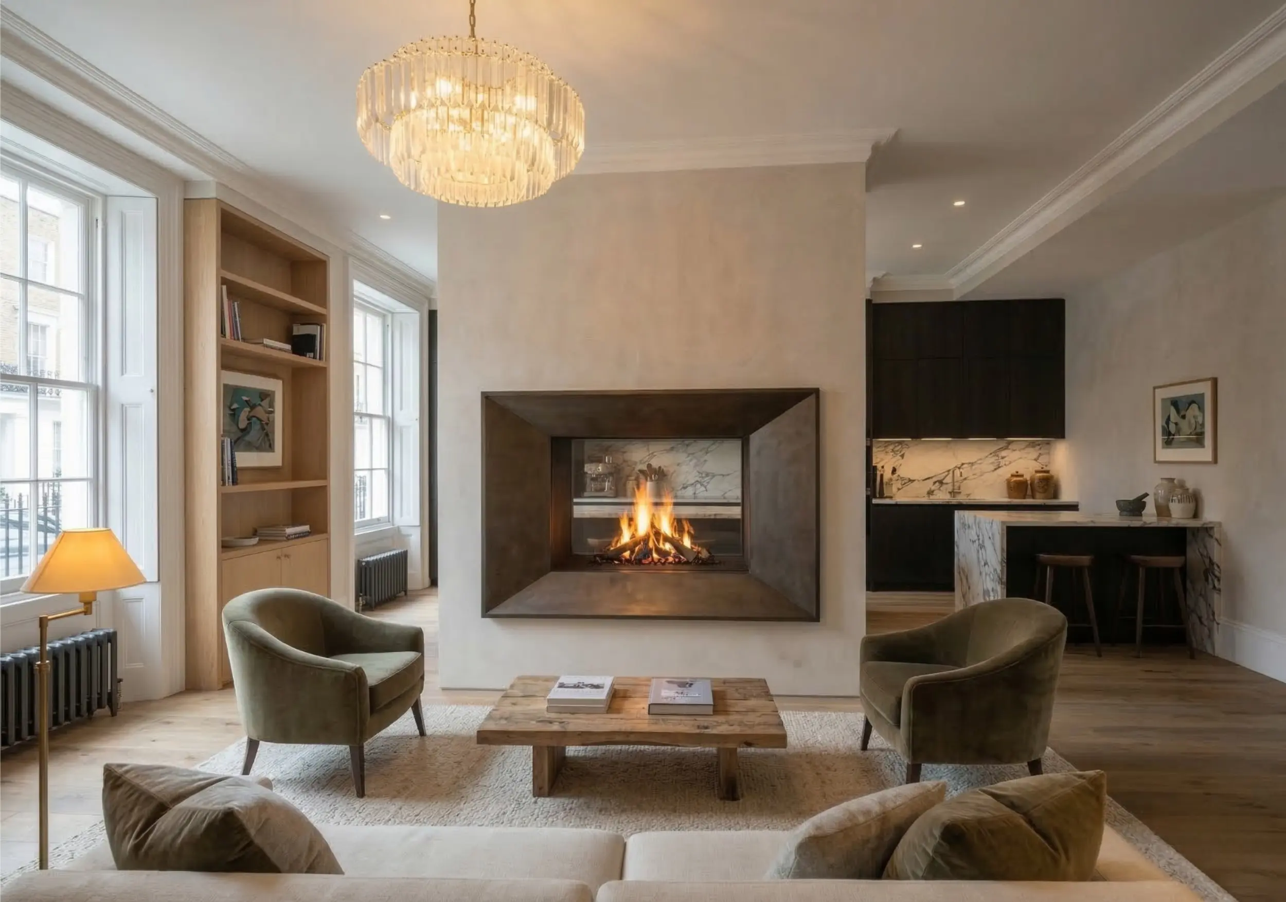 Bespoke double-sided fireplace, open-plan living space, architectural fire feature, Modus Fireplaces