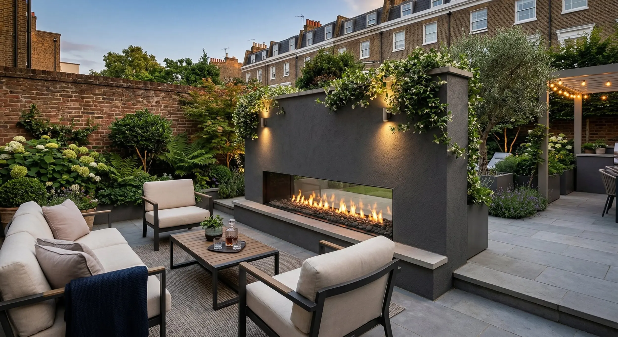 Outdoor wall-mounted gas fireplace, architectural garden feature, Modus Fireplaces