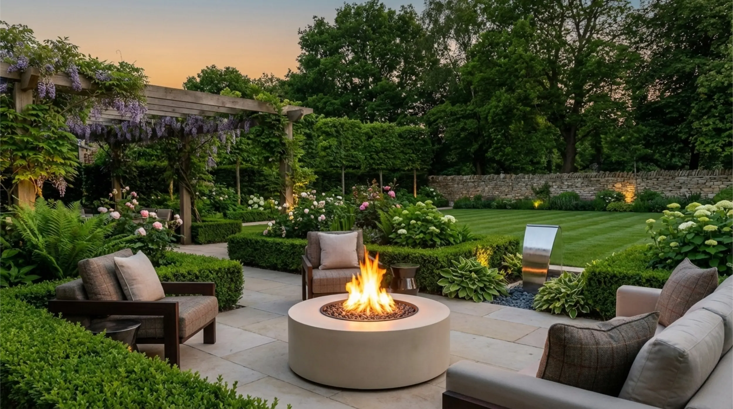 Bespoke outdoor fire table and fire pits, luxury garden design, Modus Fireplaces