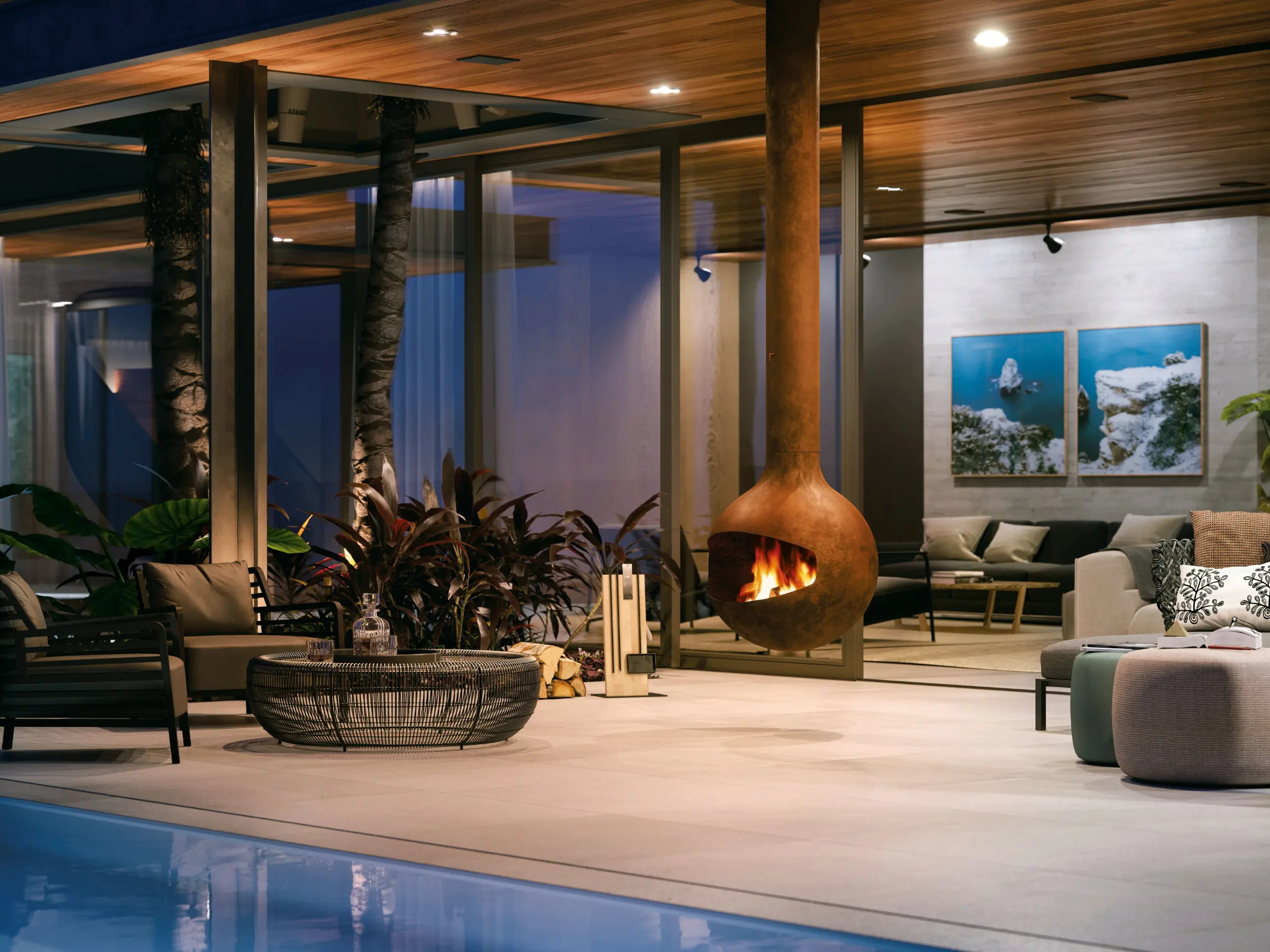 Bathyscafocus designer suspended outdoor wood-burning fireplace with spherical steel body and open hearth