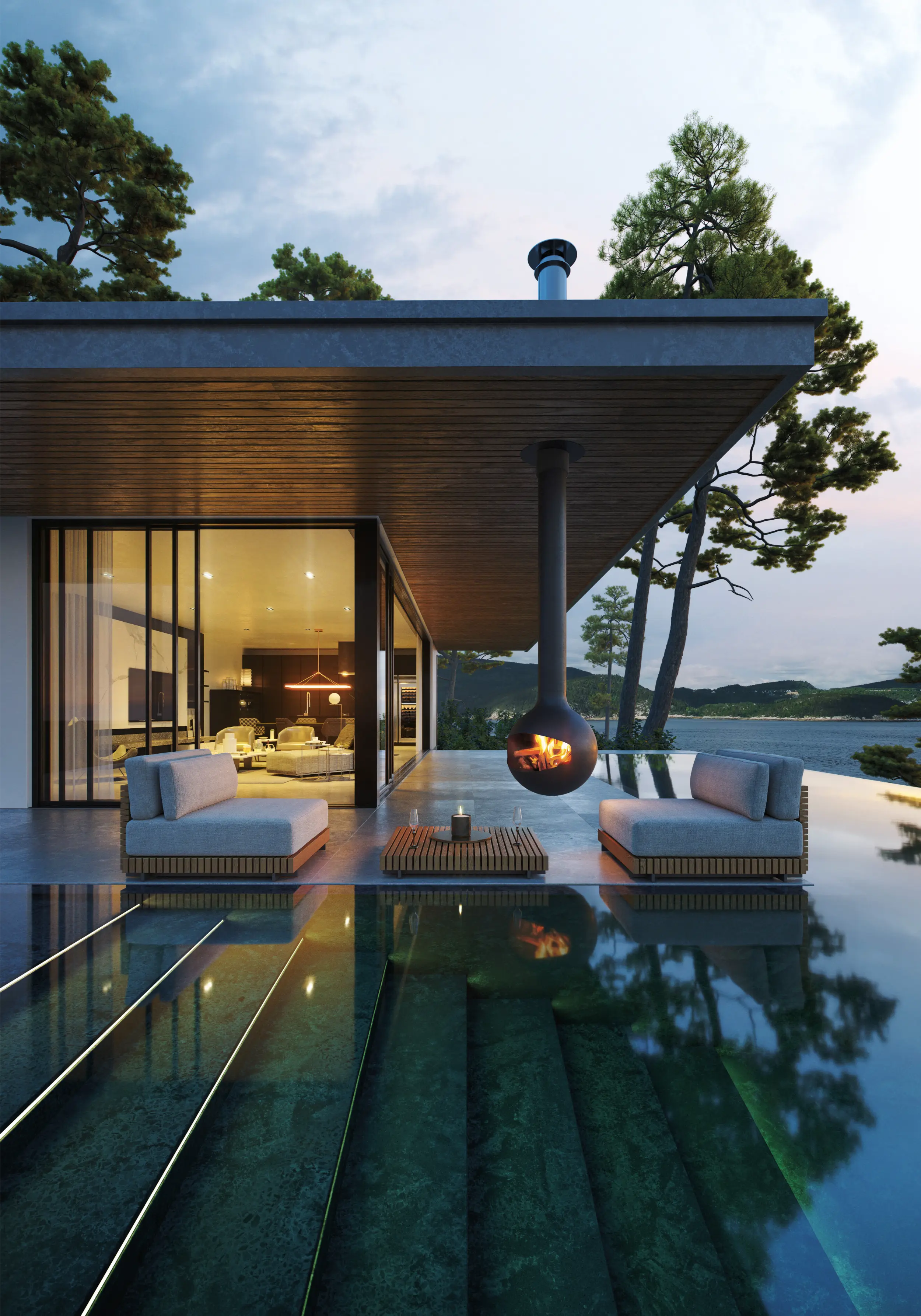 Alternative view of the bathyscafocus suspended outdoor wood fireplace