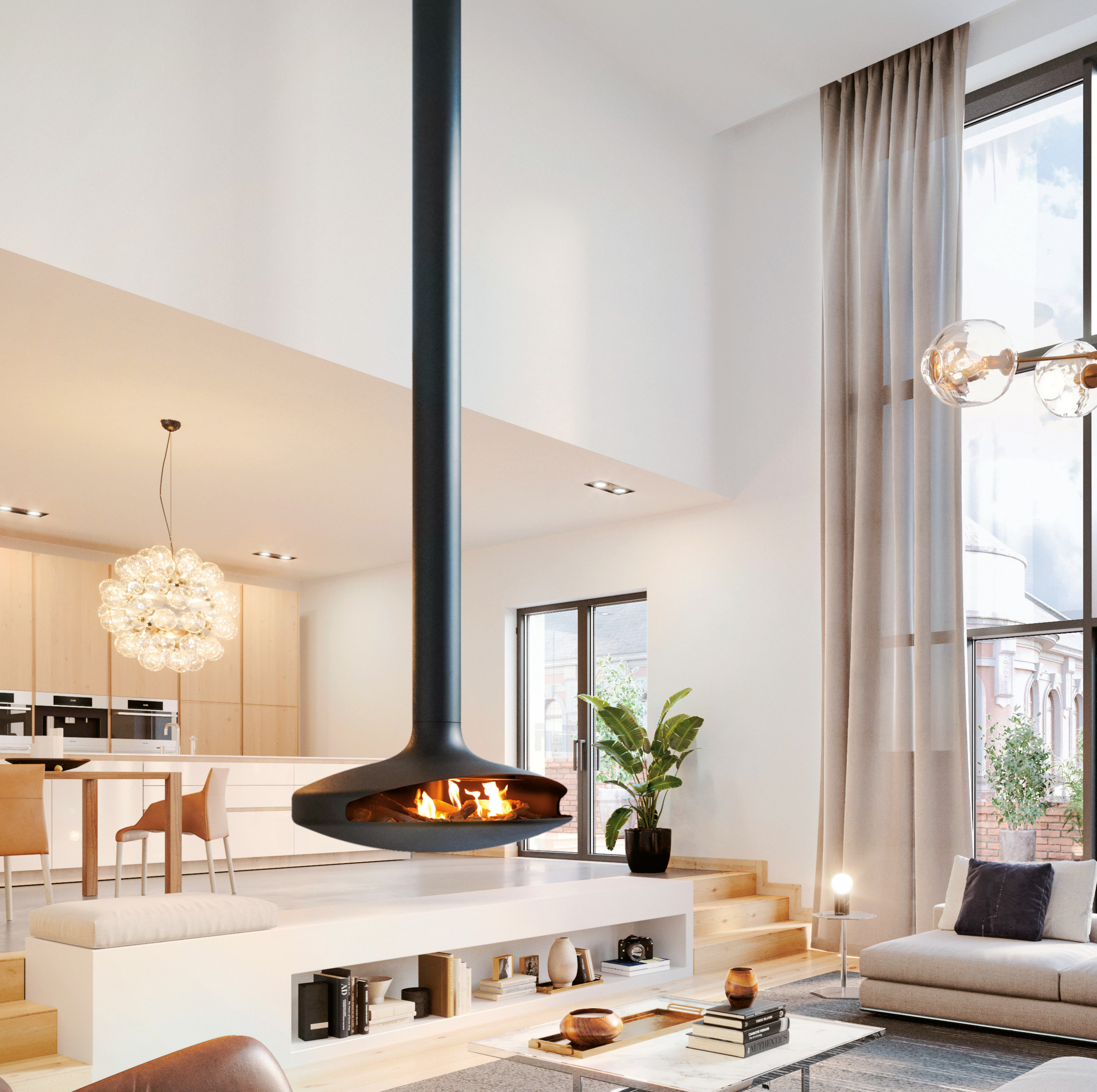 Gyrofocus suspended gas fireplace by Focus Creation with iconic pivoting spherical form and advanced gas burner technology