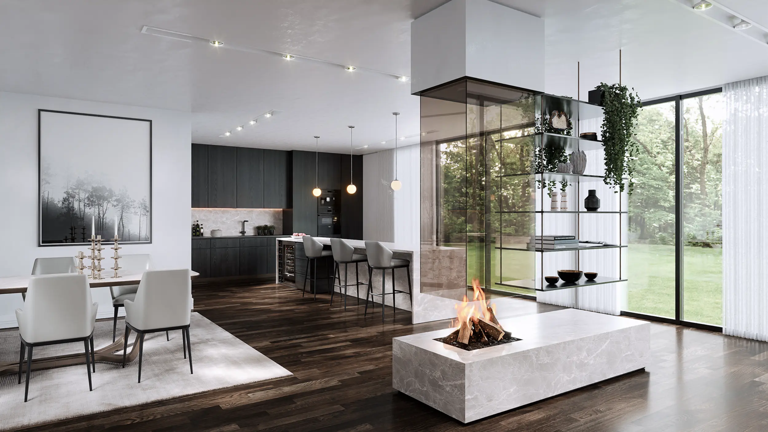 Suspended fireplace with bronze glazed canopy floating steel shelves and stone clad base as kitchen dining room divider