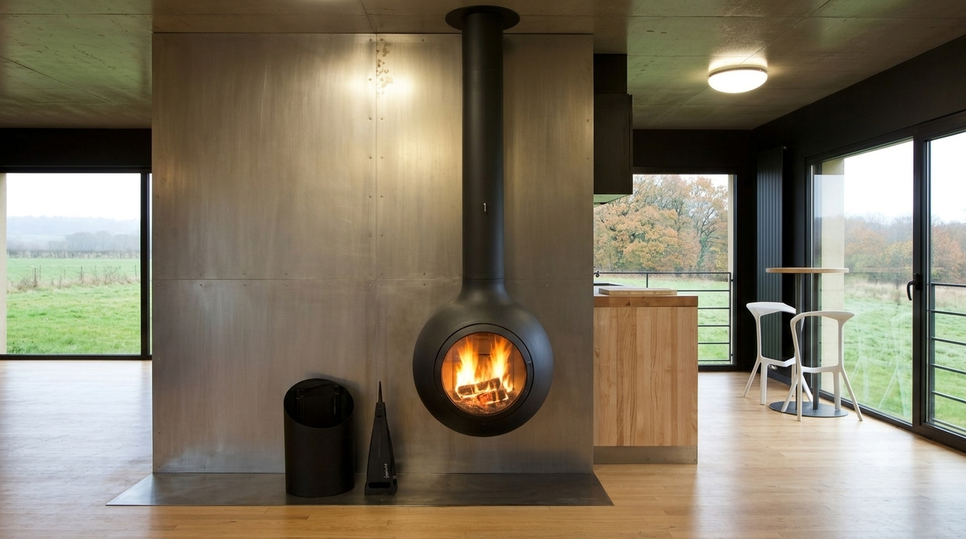 Emifocus wall-mounted spherical wood-burning fireplace by Focus Creation, with circular glass porthole and rounded form