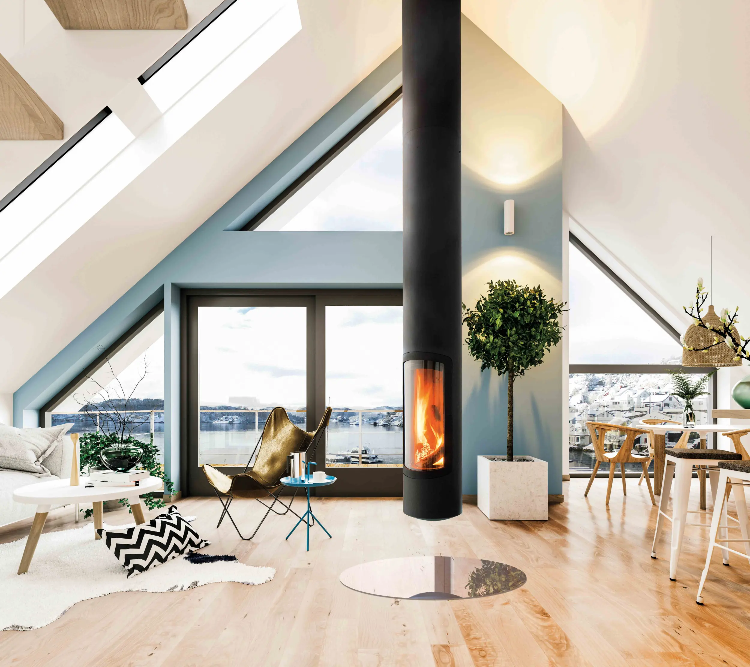 Slimfocus high-efficiency suspended wood fireplace with slender rotating body and contemporary design