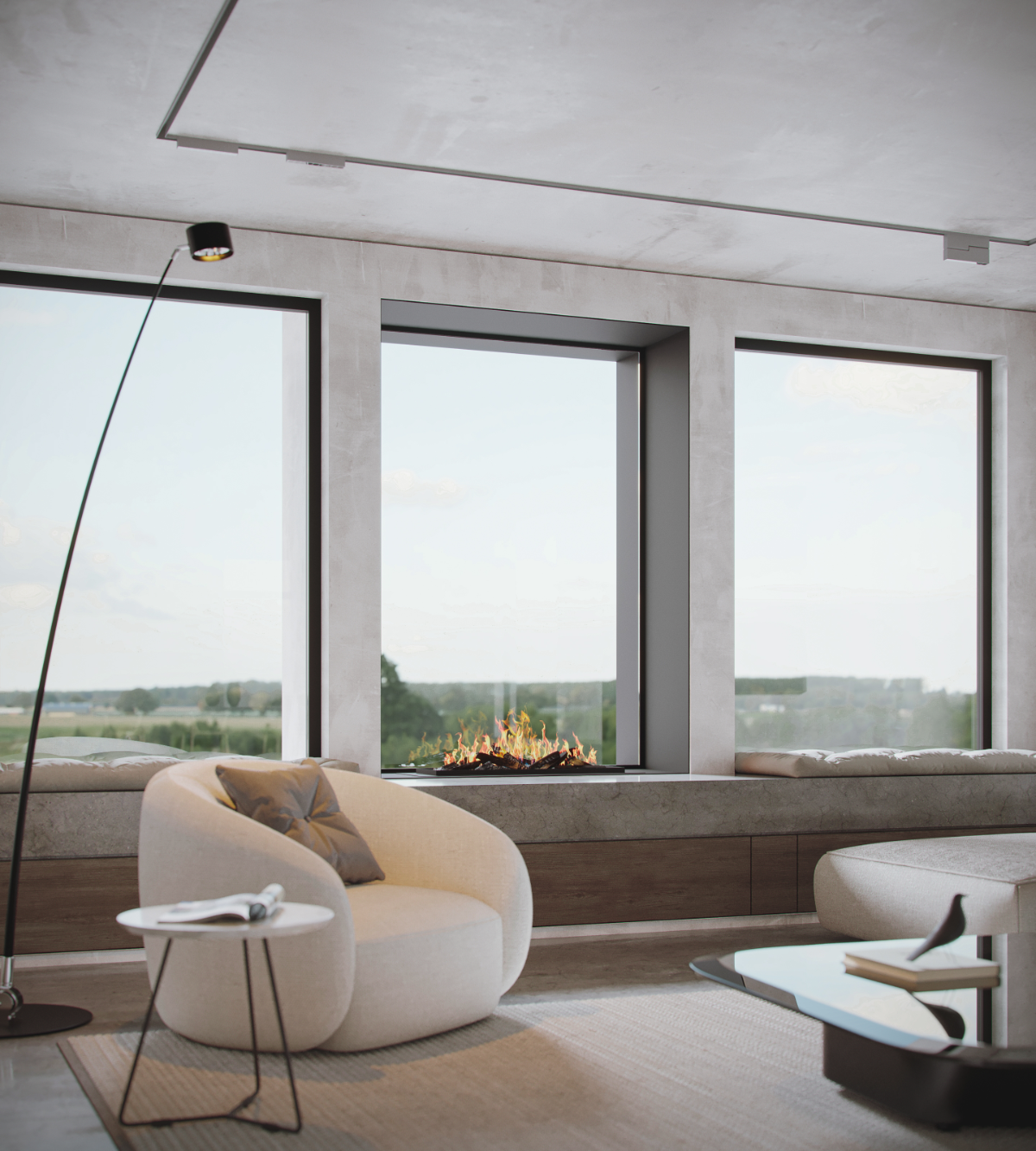 Indoor-outdoor double-sided bioethanol fireplace with glazing and realistic log decoration by Modus Fireplaces