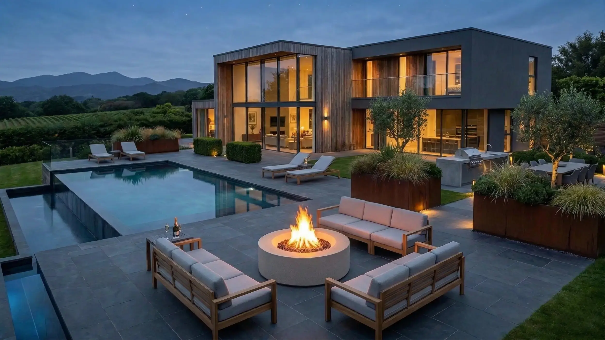 Low-profile circular concrete outdoor gas fire pit for modern terrace and garden courtyard spaces