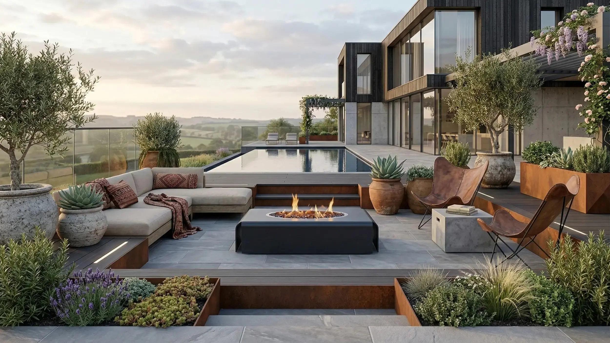 Contemporary stainless steel outdoor gas fire pit with polished ring detail and painted finish