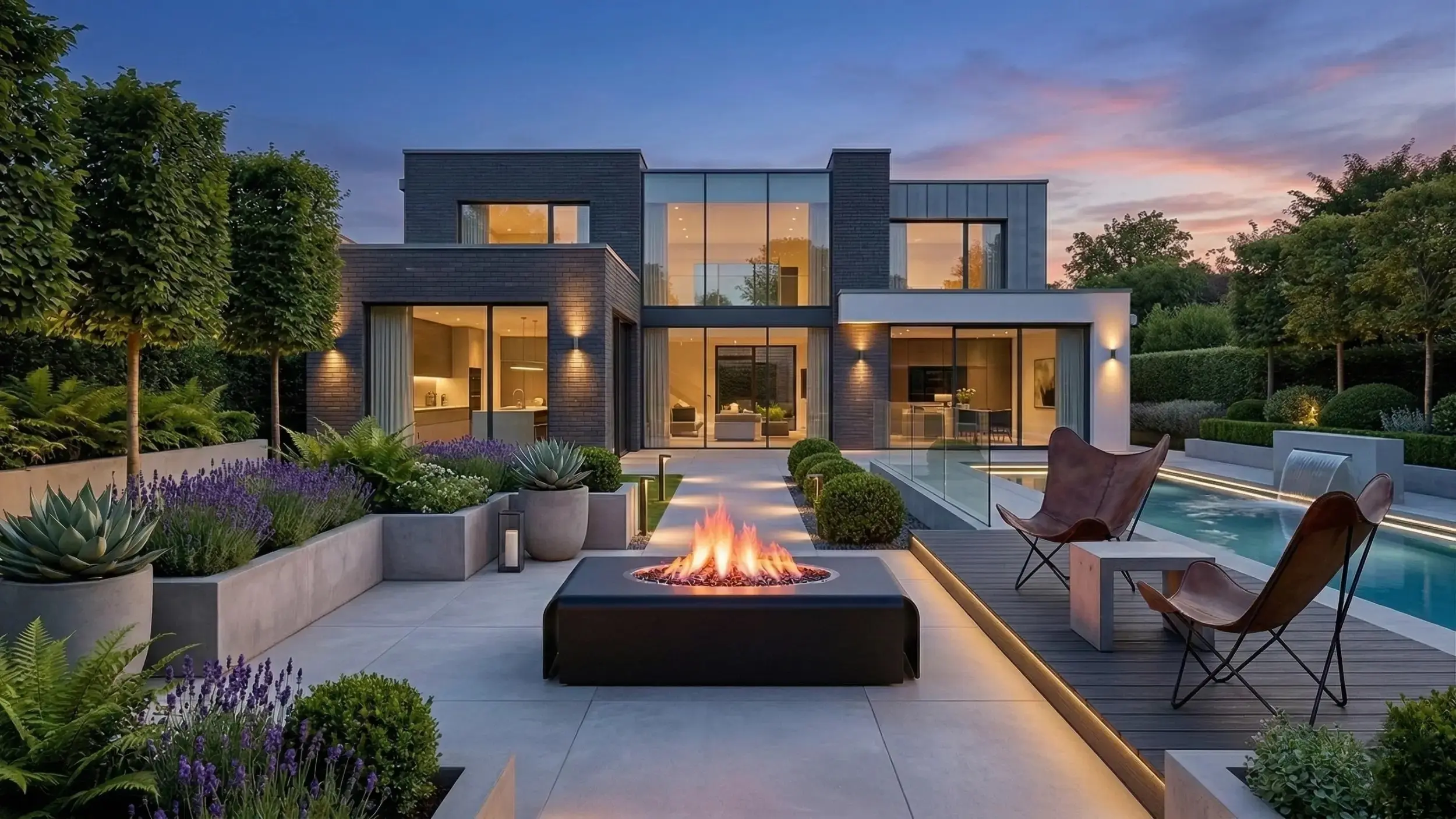 Modern outdoor gas fire pit with polished ring detail and painted finish, available in gas or wood-burning