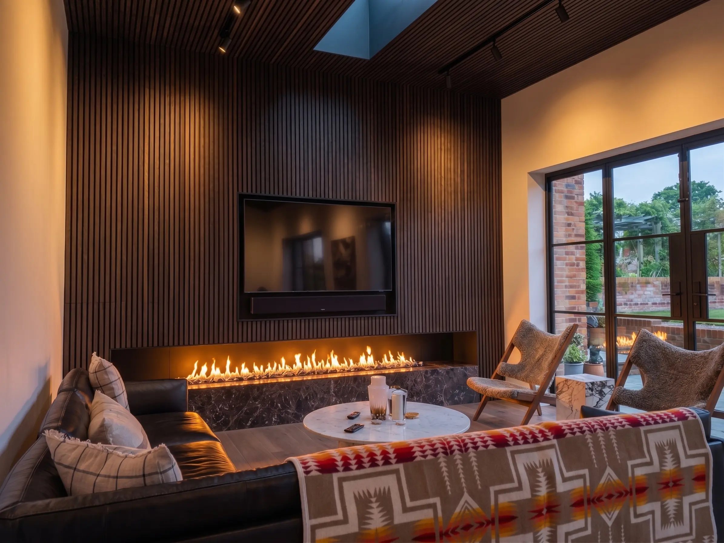 2.5-metre linear gas fireplace integrated within full-height slatted timber media wall
