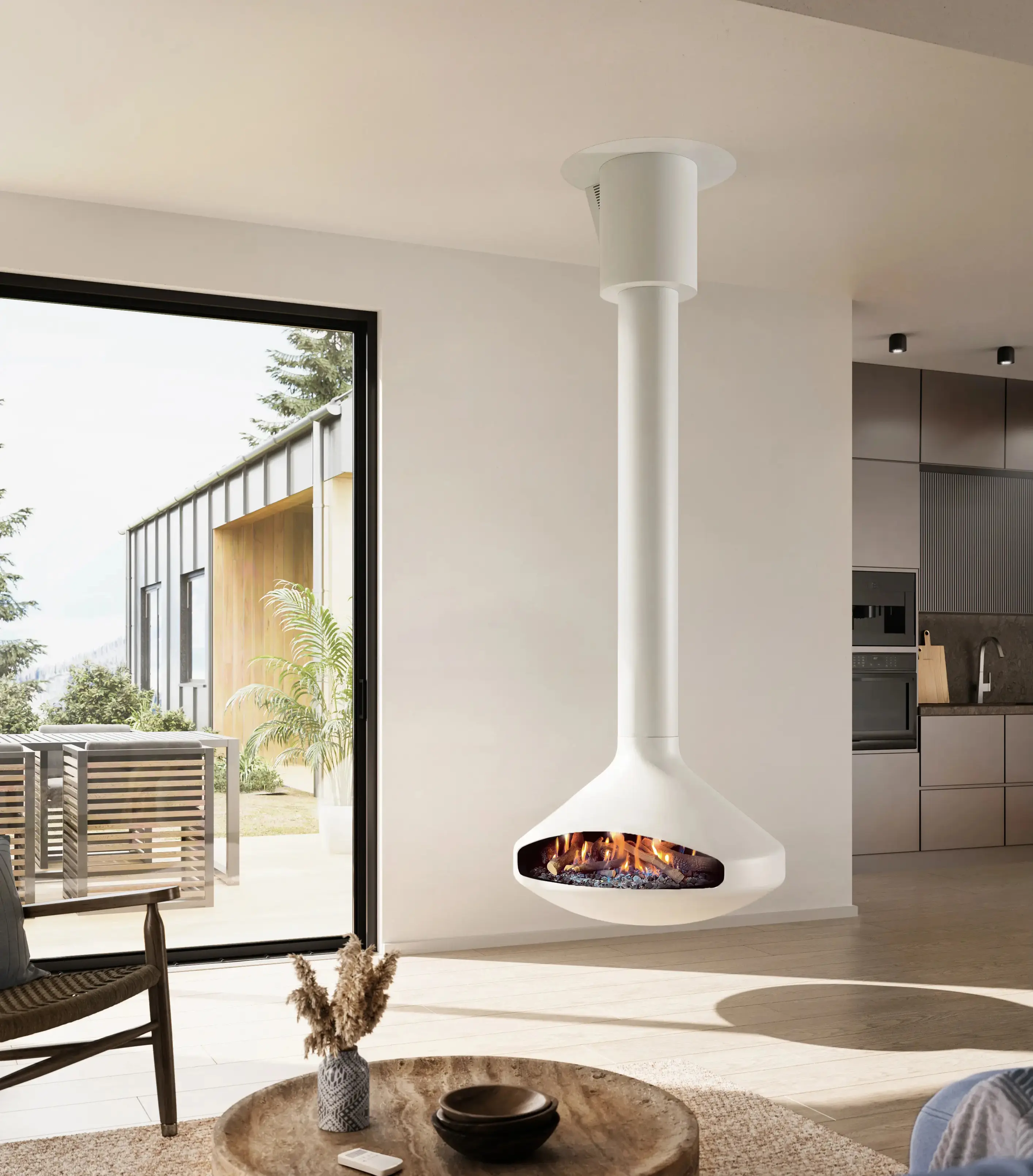 Ergofocus central suspended pivoting gas fireplace in white by Focus Creation, with sculptural canopy