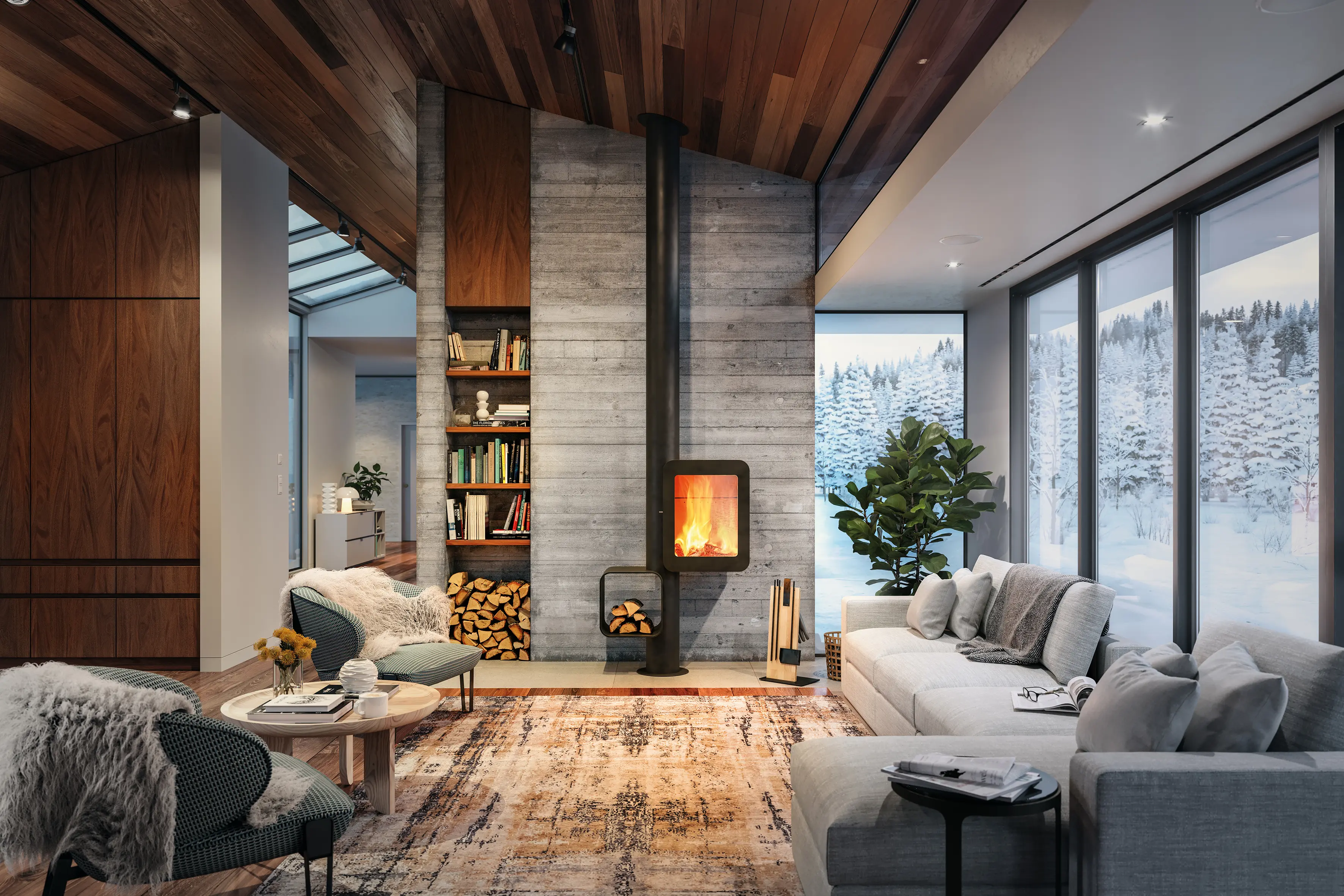 wood-burning stove fireplace, elevated firebox with offset wood store, contemporary living space, Modus Fireplaces