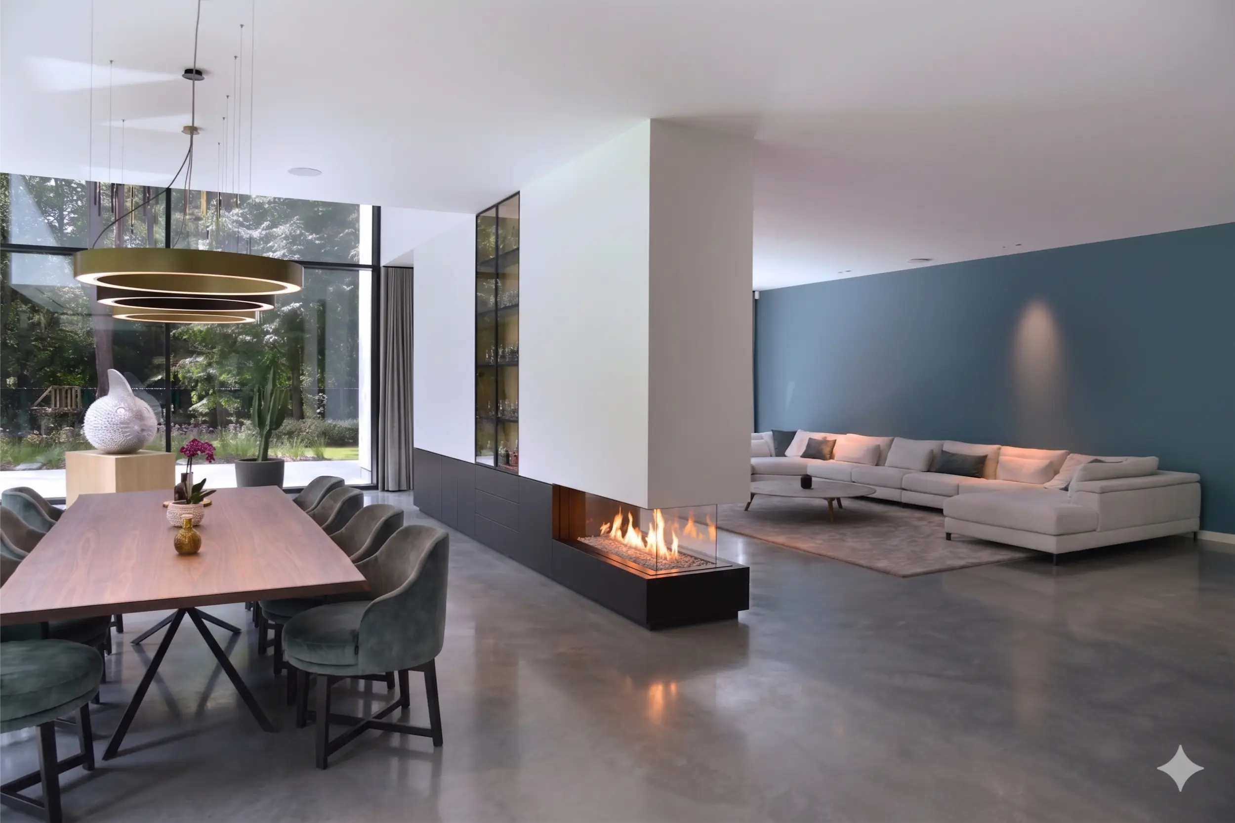 Three-sided glass room divider fireplace with stone flame-bed decoration between a lounge and dining room