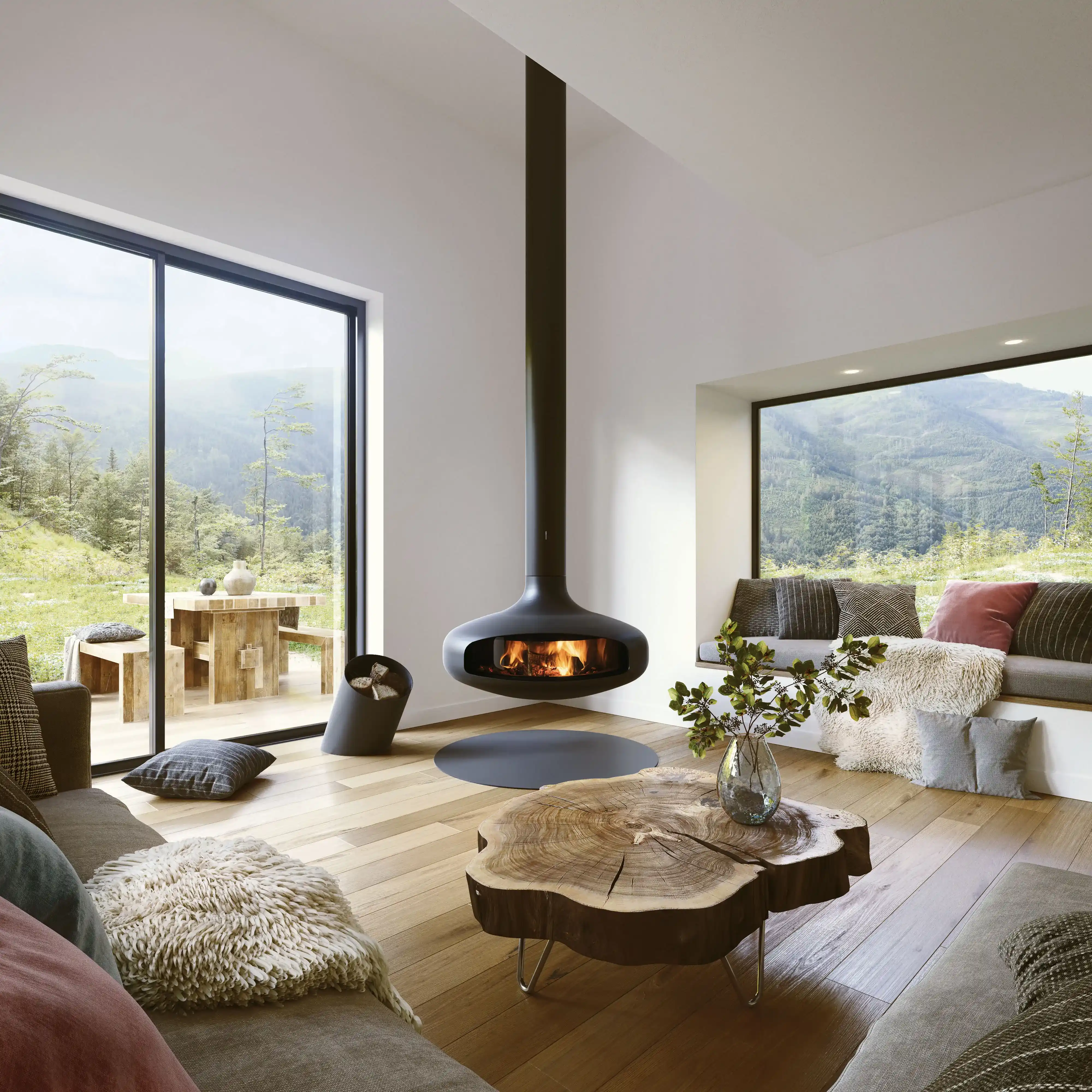 Domofocus Gas suspended fireplace in matt black steel, rotating 360° in a double-height living space, by Modus Fireplaces