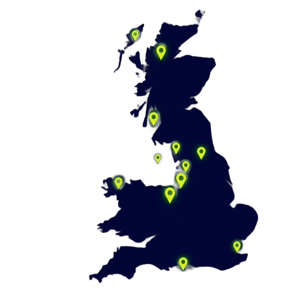 Stylized map of the United Kingdom in dark navy blue, with several glowing neon green location pins scattered across major cities